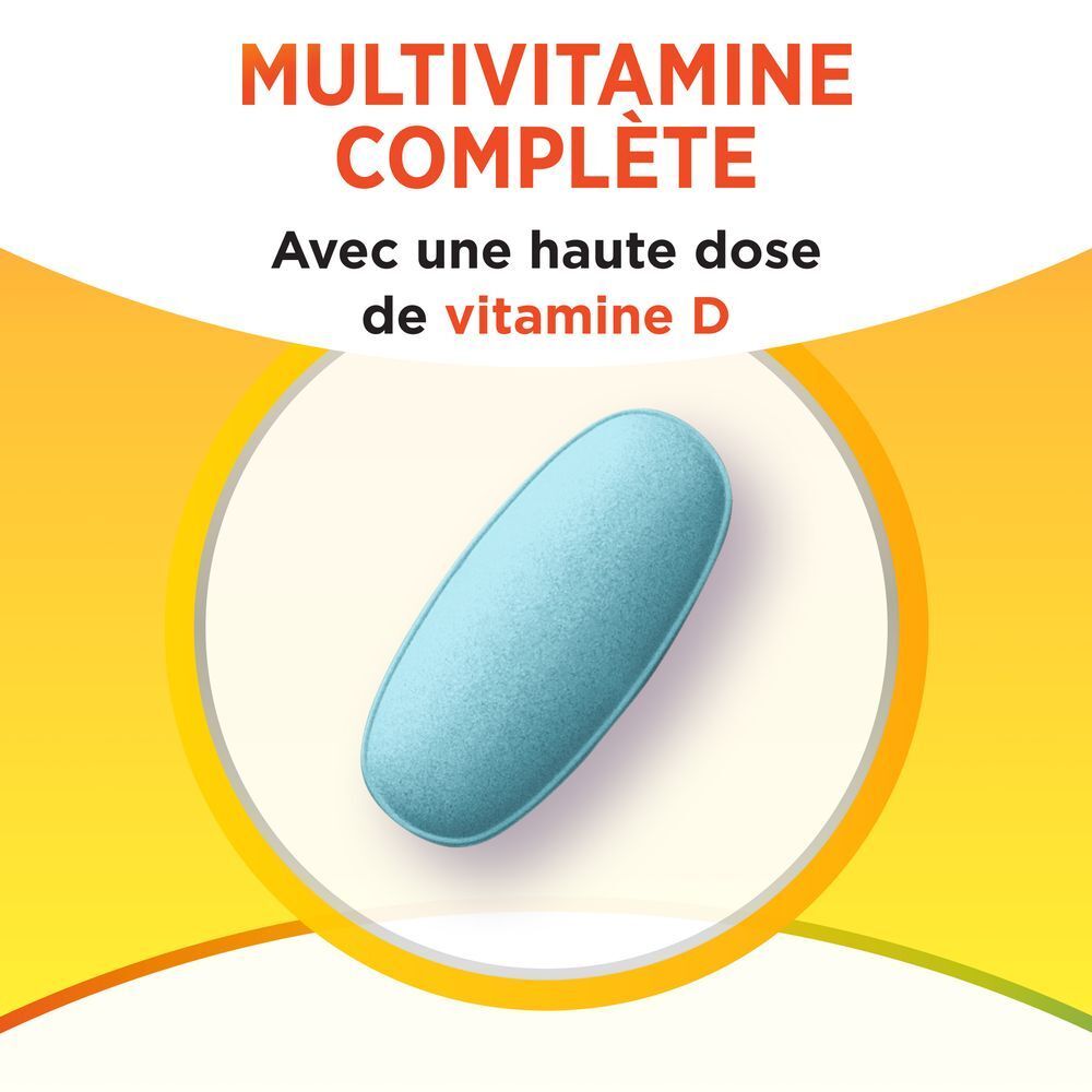 Comprimé ovale bleu. Sur fond jaune. Texte : Multivitamine complète.