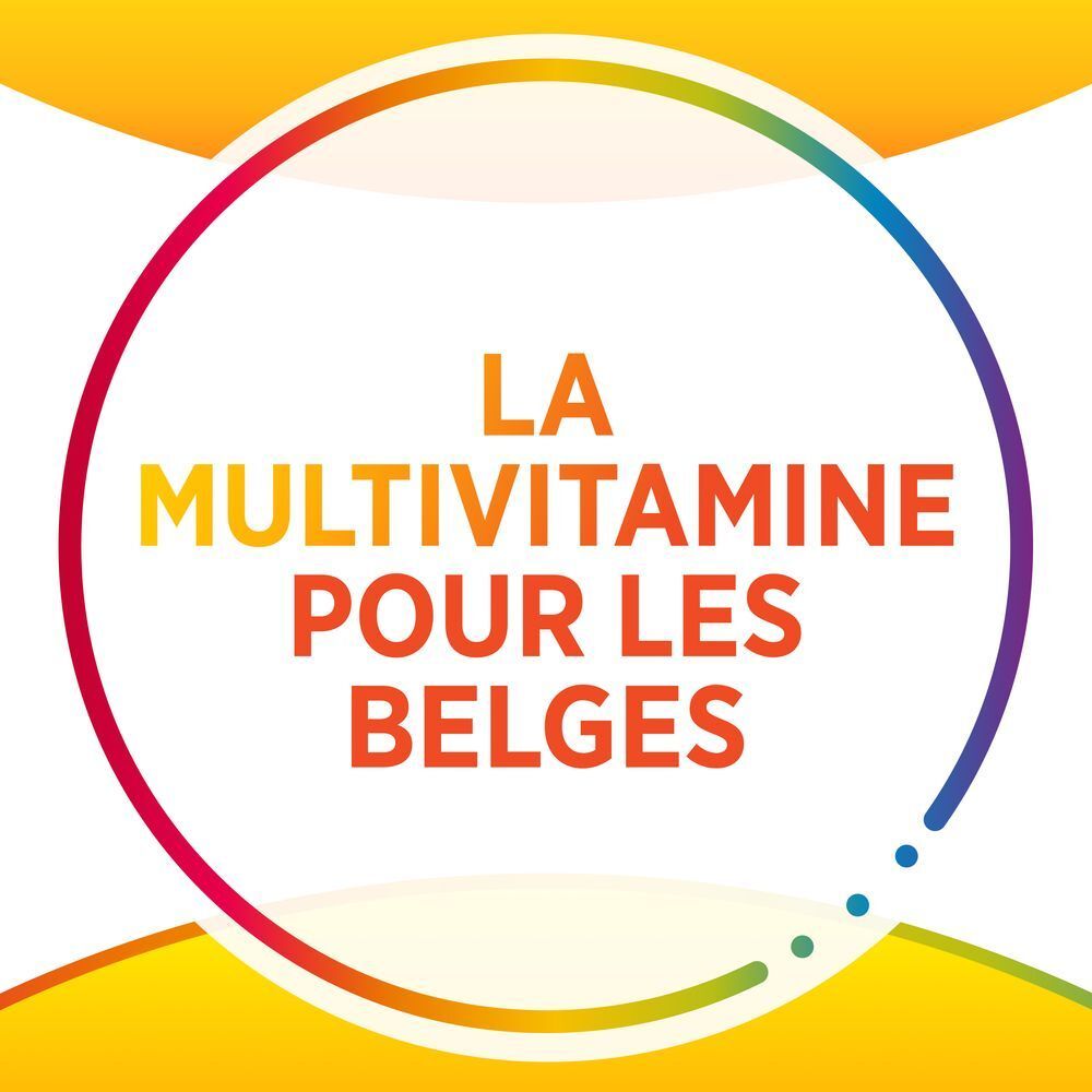 Texte : La Multivitamine pour les Belges. Sur fond jaune.