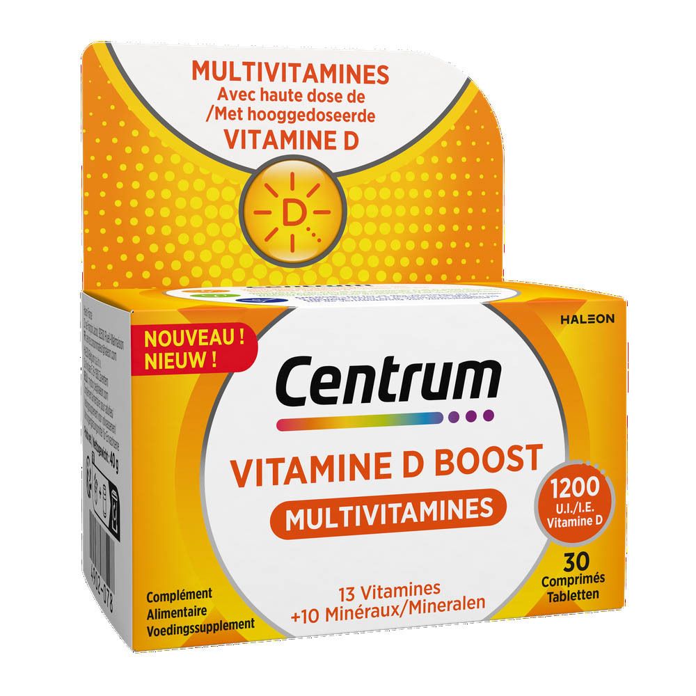 Emballage du produit. Contient 30 comprimés. Nom du produit : Centrum Vitamine D Boost Multivitamine.