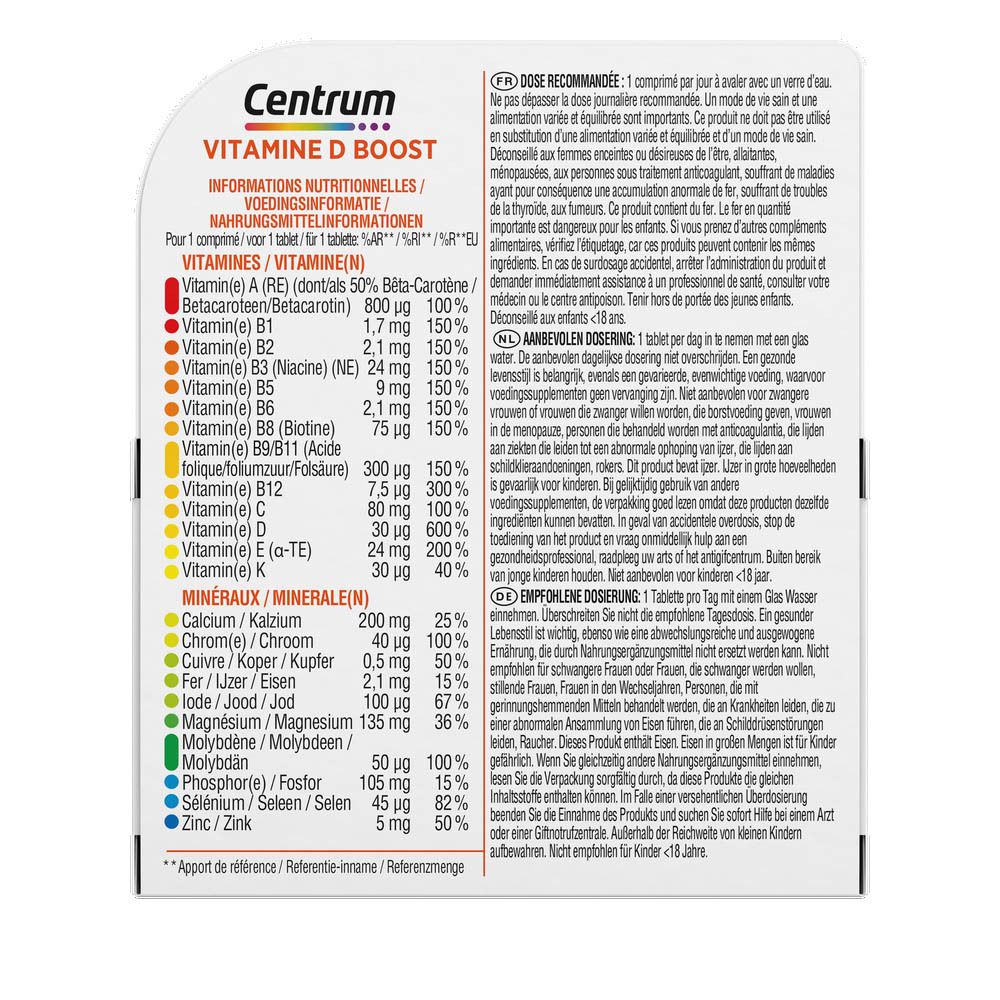 Emballage et flacon du produit. Nom du produit : Centrum Vitamine D Boost Multivitamine. 30 comprimés.