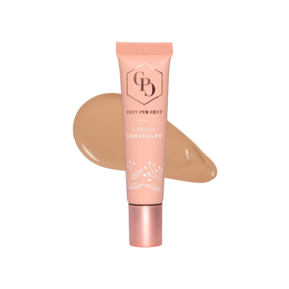 Tube en productmonster. Opschrift: Cent Pur Cent, Liquid Concealer. Logo: CPD. Beige tint.