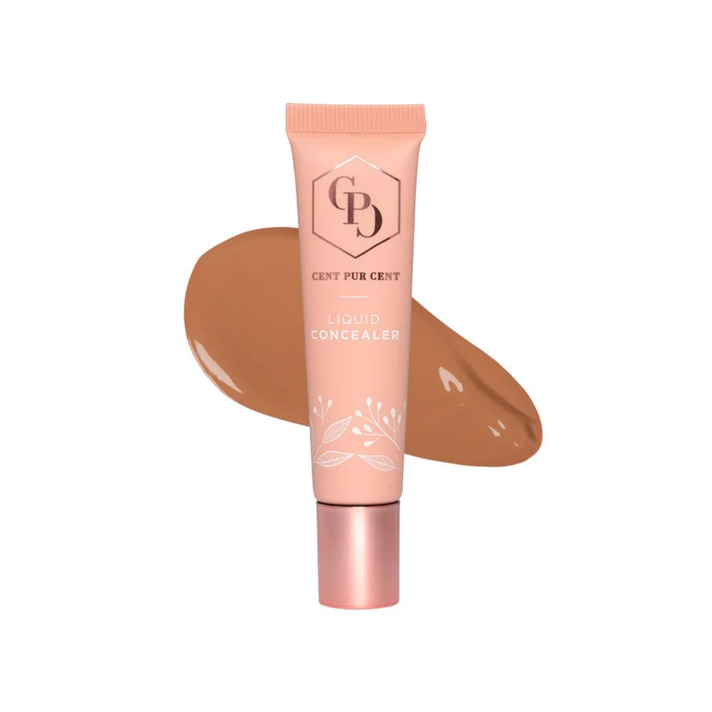 Tube en productmonster. Opschrift: Cent Pur Cent, Liquid Concealer. Bruin productmonster.