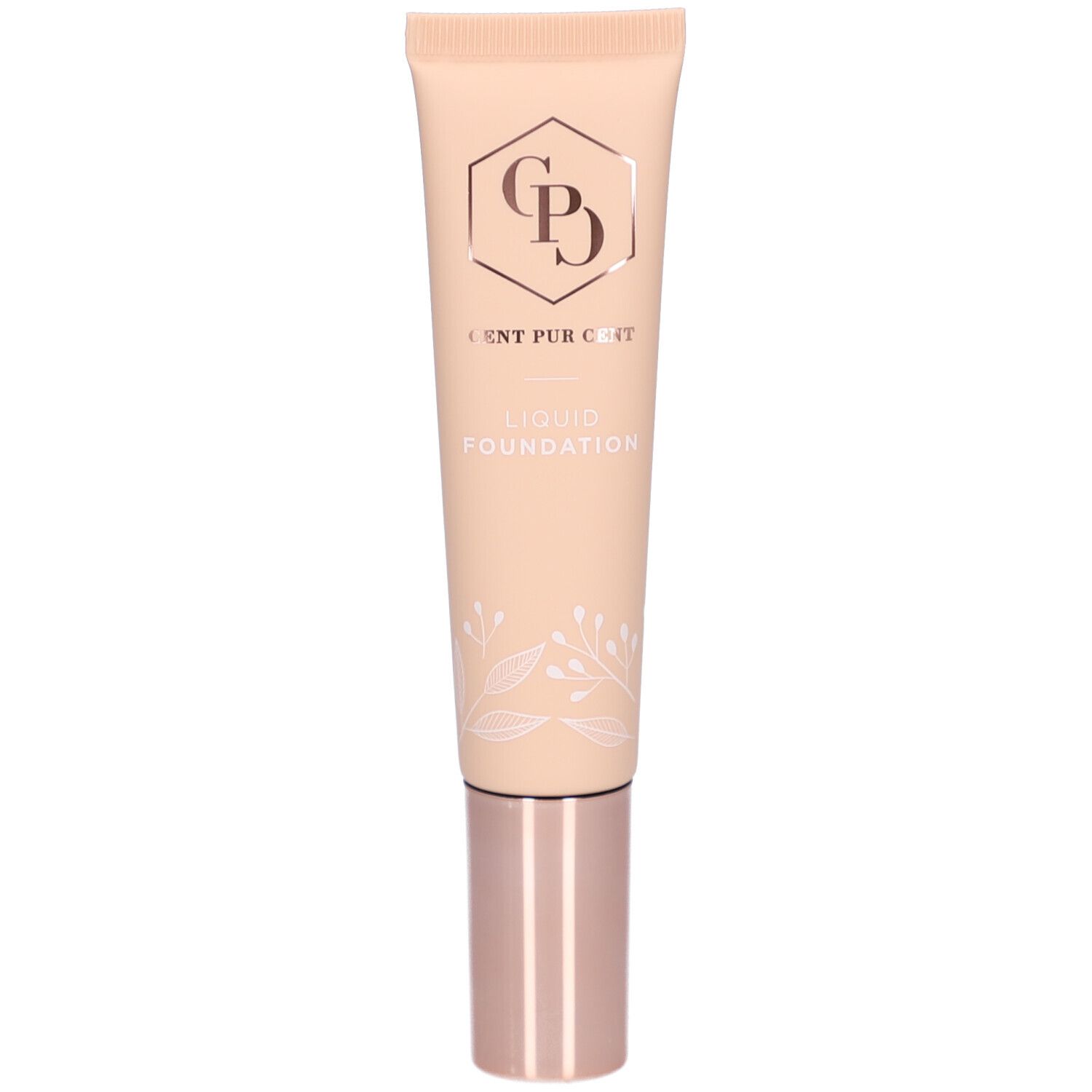 Beige tube met roségouden dop. Opschrift: Cent Pur Cent Liquid Foundation. Logo: C P C.