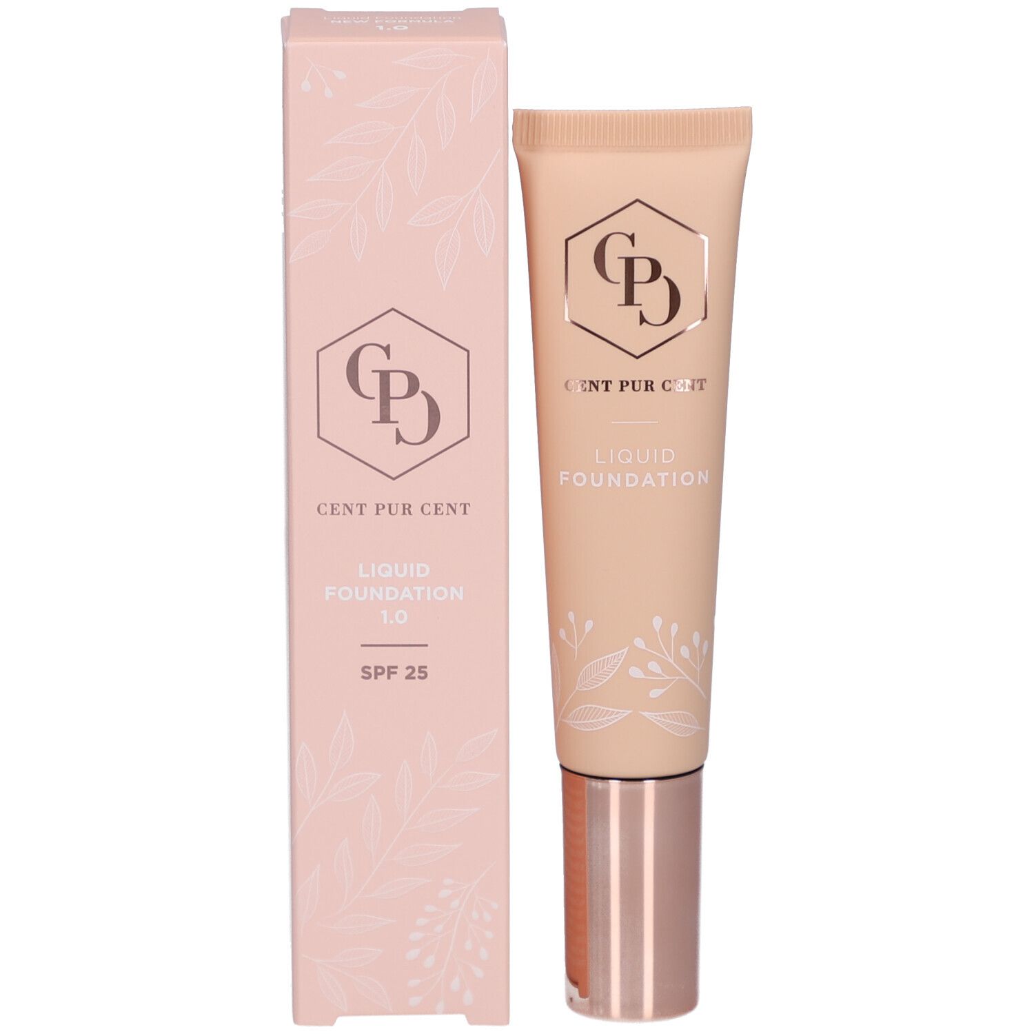 Tube en verpakking. Opschrift: Cent Pur Cent Liquid Foundation 1.0. Met logo en SPF 25.