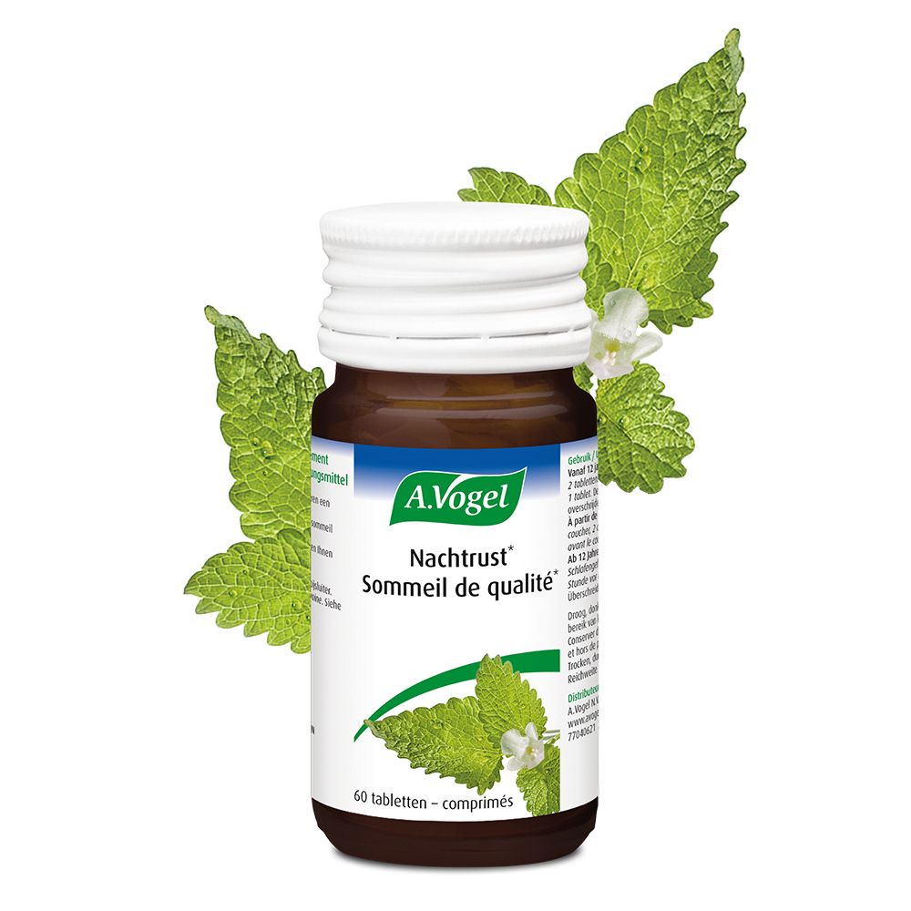 Bruine glazen fles met witte dop. A. Vogel Nachtrust Sommeil de qualité, 60 tabletten. Mint decoratie.