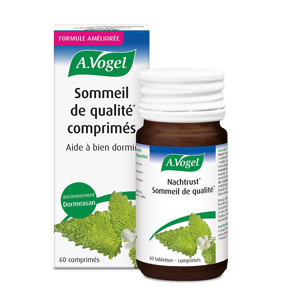 Boîte et flacon. A. Vogel Nachtrust Sommeil de qualité, 60 comprimés. Décor menthe.
