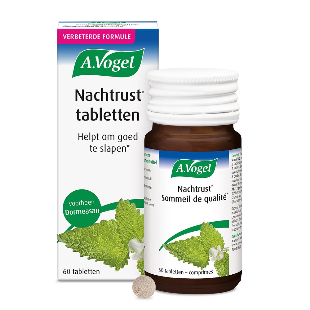 Bruine glazen fles met witte dop. A. Vogel Nachtrust Sommeil de qualité, 60 tabletten. Mint decoratie.