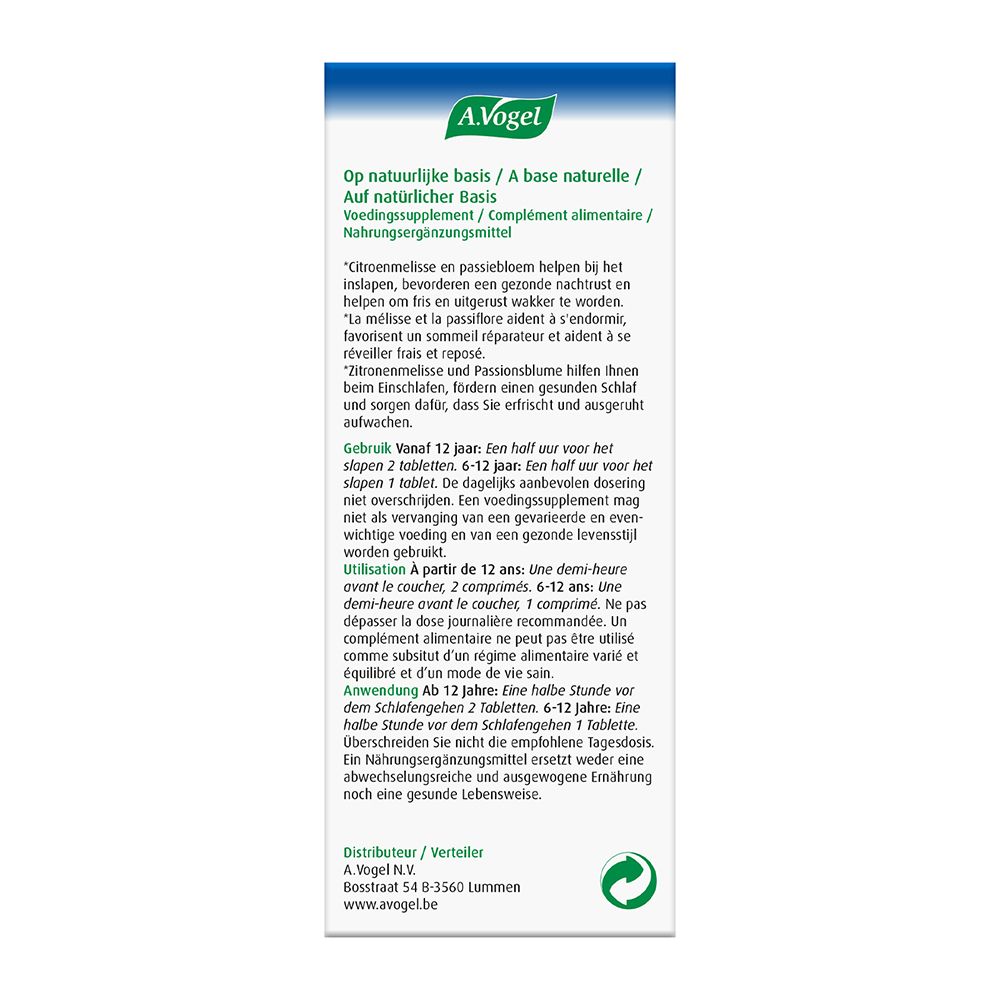 Flacon en verre brun, bouchon blanc. A. Vogel Nachtrust Sommeil de qualité, 60 comprimés. Décor menthe.