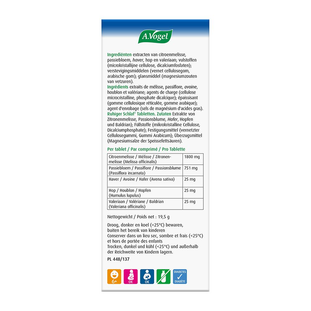 Doos en fles. A. Vogel Nachtrust Sommeil de qualité, 60 tabletten. Mint decoratie.