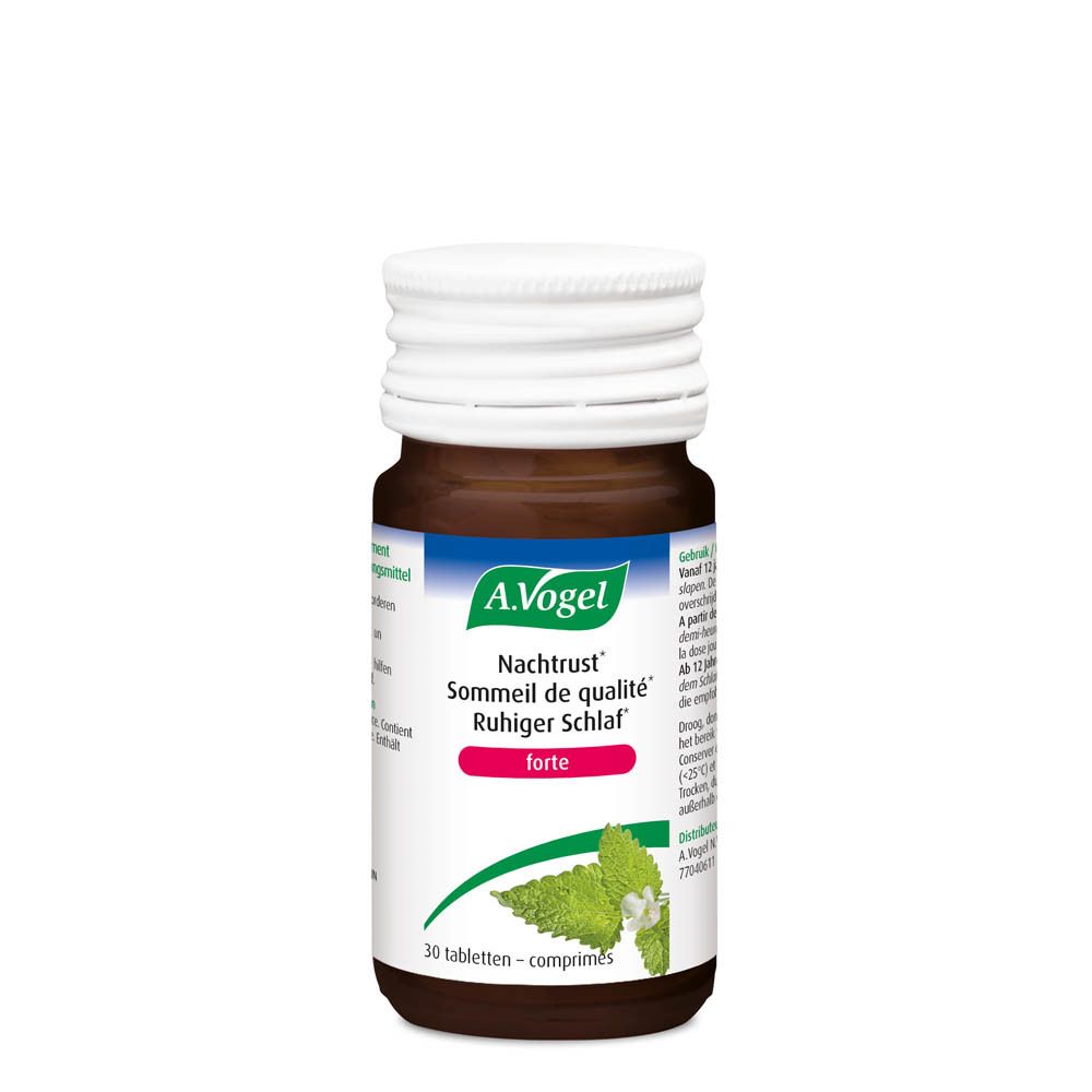Bruine glazen fles. A.Vogel Nachtrust forte. 30 tabletten. Witte dop.