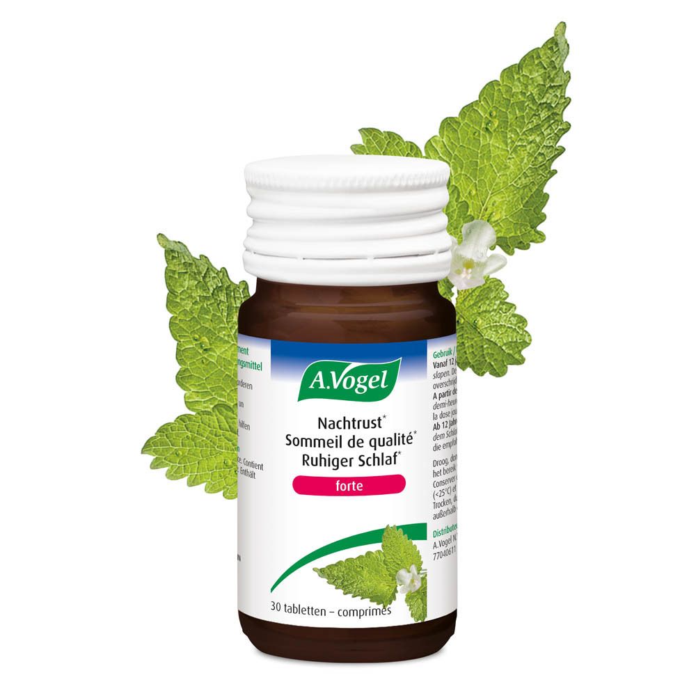 Bruine glazen fles. A.Vogel Nachtrust forte. 30 tabletten. Witte dop.