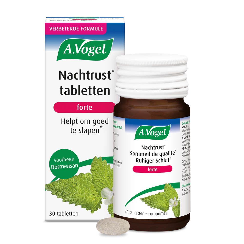 Achterkant fles. Meertalige tekst. A.Vogel Nachtrust forte. 30 tabletten.