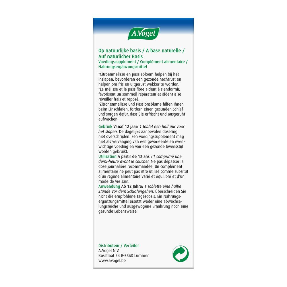 Bruine glazen fles. A.Vogel Nachtrust forte. 30 tabletten. Witte dop.