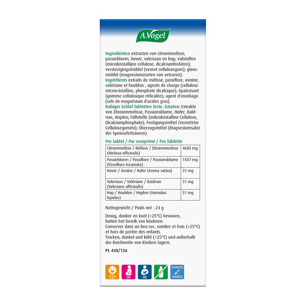 Bruine glazen fles. A.Vogel Nachtrust forte. 30 tabletten. Witte dop.