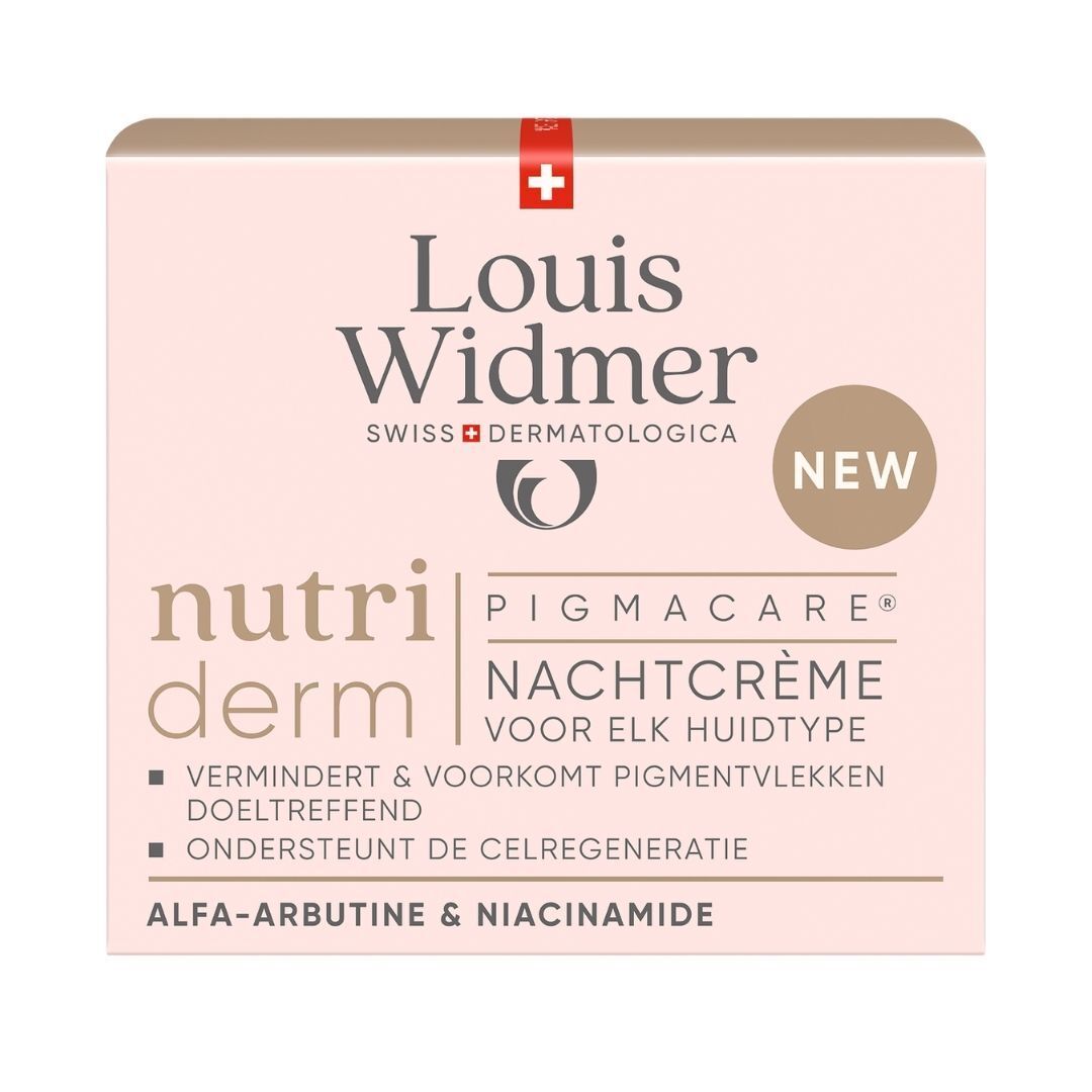 Productverpakking. Opschrift: Louis Widmer, nutriderm, Pigmacare. Nederlandse opschriften.
