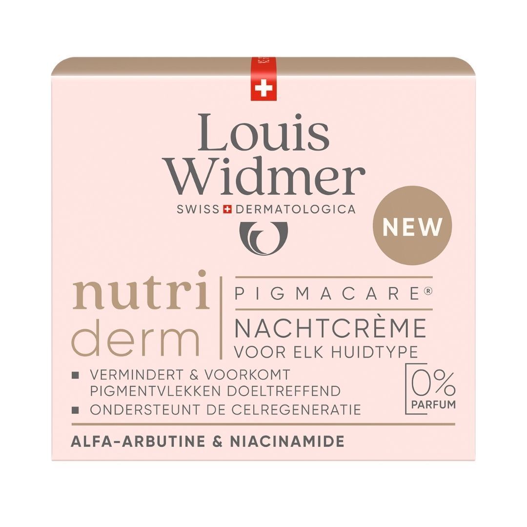 Productverpakking. Opschrift: Louis Widmer, nutriderm, PIGMACARE, Nachtcrème. NEW, 0% parfum.