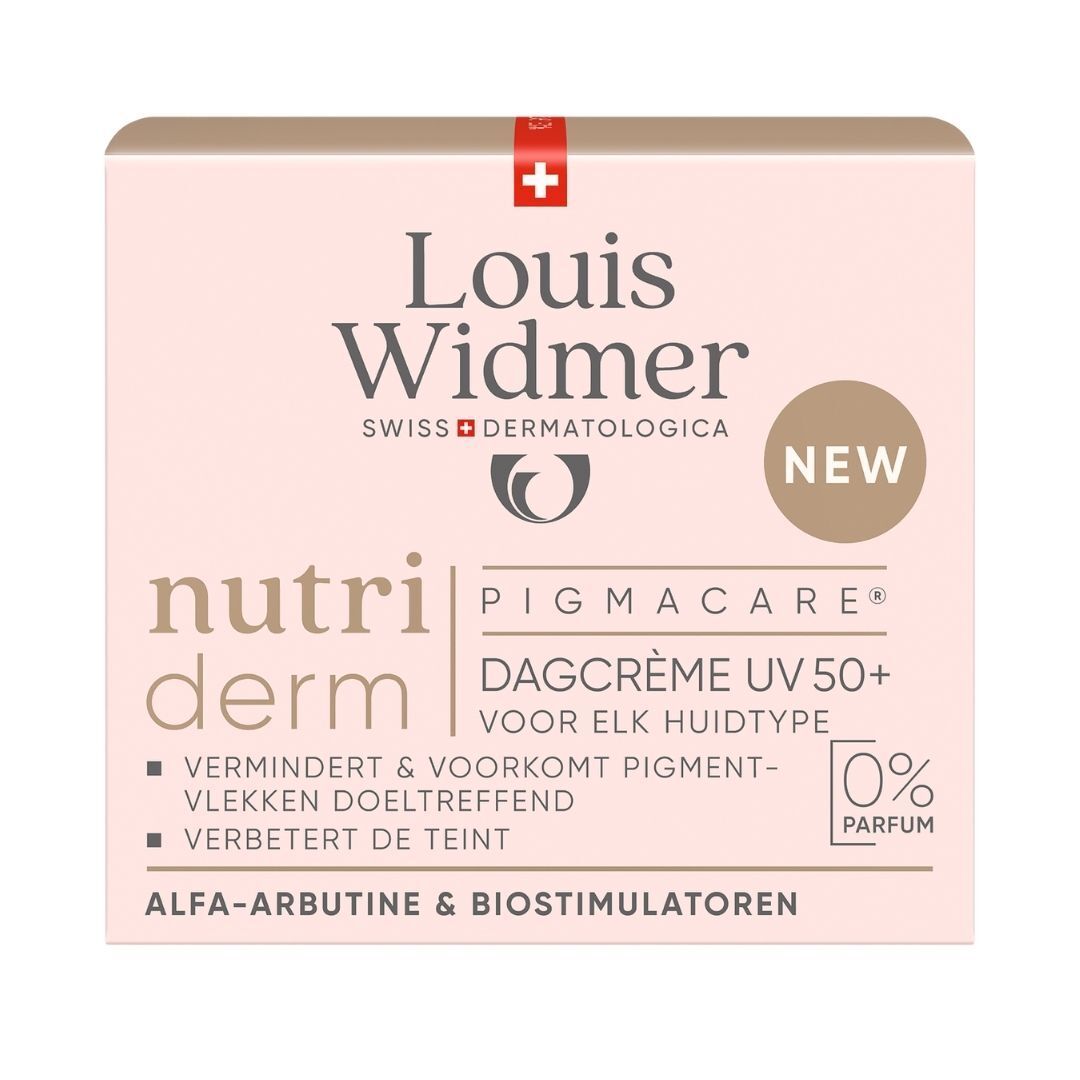 Verpakking. Opschrift: Louis Widmer, nutriderm, Dagcrème UV50+, 0% Parfum, NEW.
