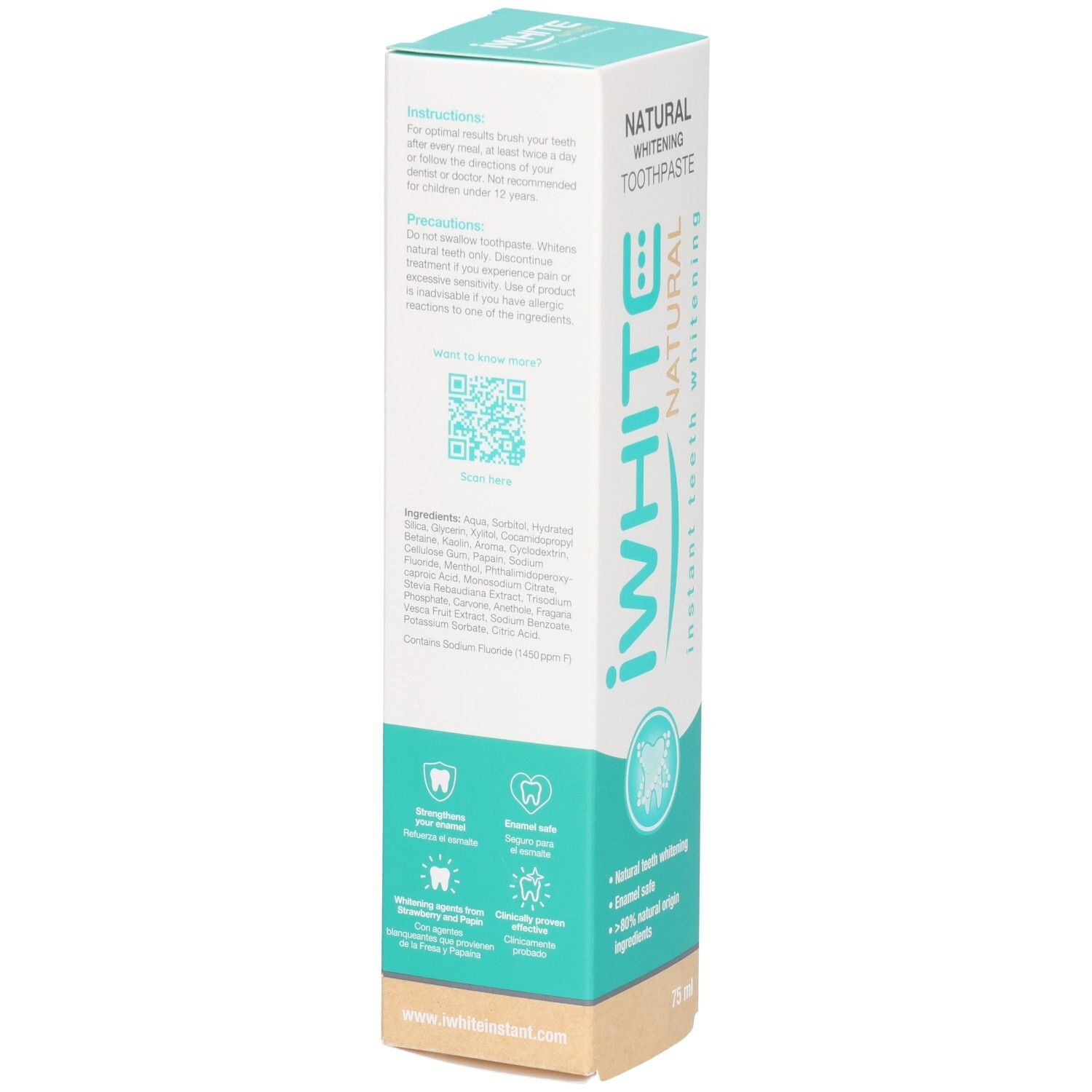 Arrière de l'emballage du dentifrice blanchissant naturel Iwhite avec instructions, précautions et ingrédients.