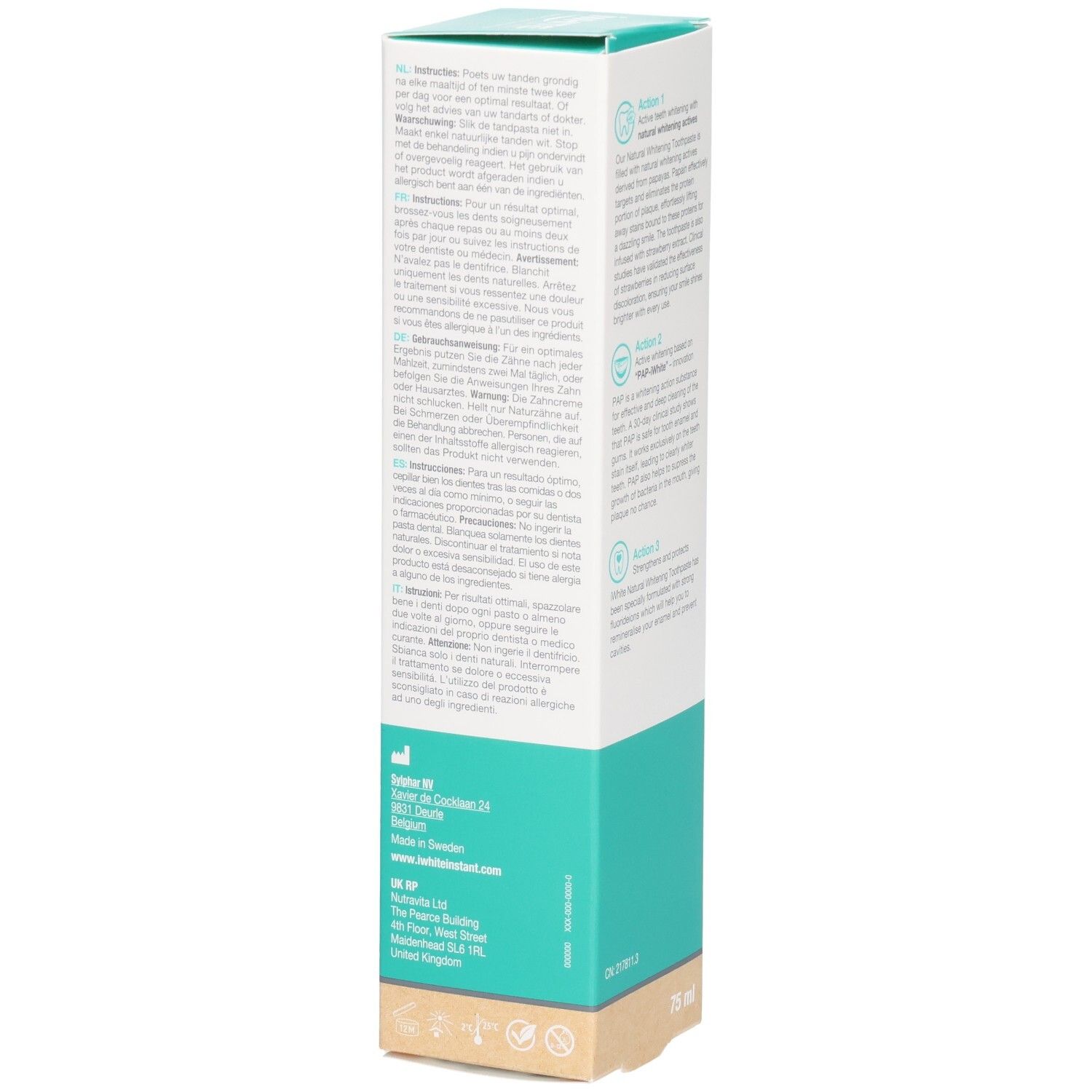 Vue latérale de l'emballage du dentifrice blanchissant naturel Iwhite avec des instructions multilingues et les informations du fabricant.