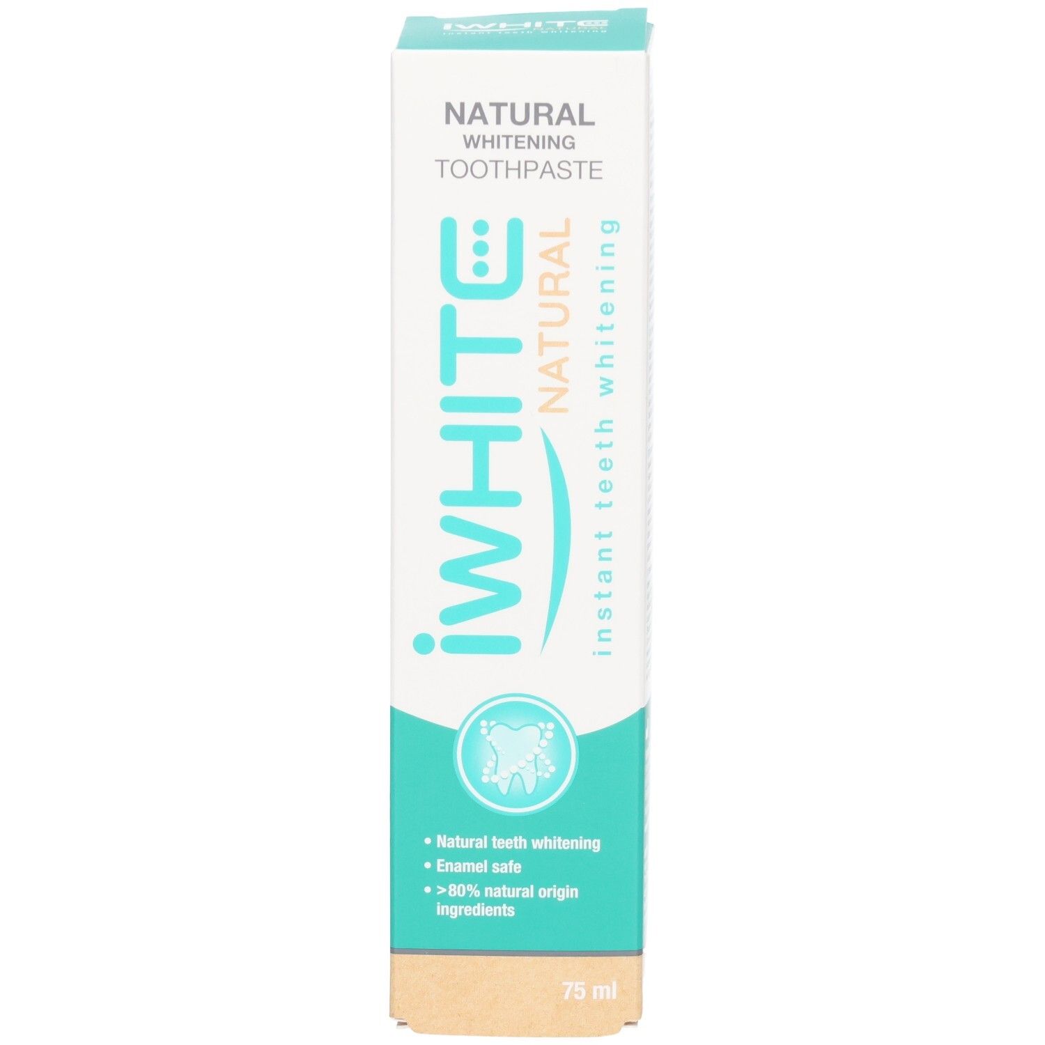Emballage de dentifrice blanchissant naturel Iwhite axé sur les avantages du blanchiment naturel des dents et de la sécurité de l'émail.