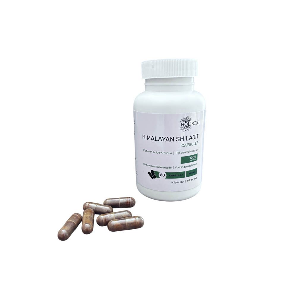 Witte fles met capsules en losse capsules ernaast. Opschrift: Holistic Himalayan Shilajit Capsules.