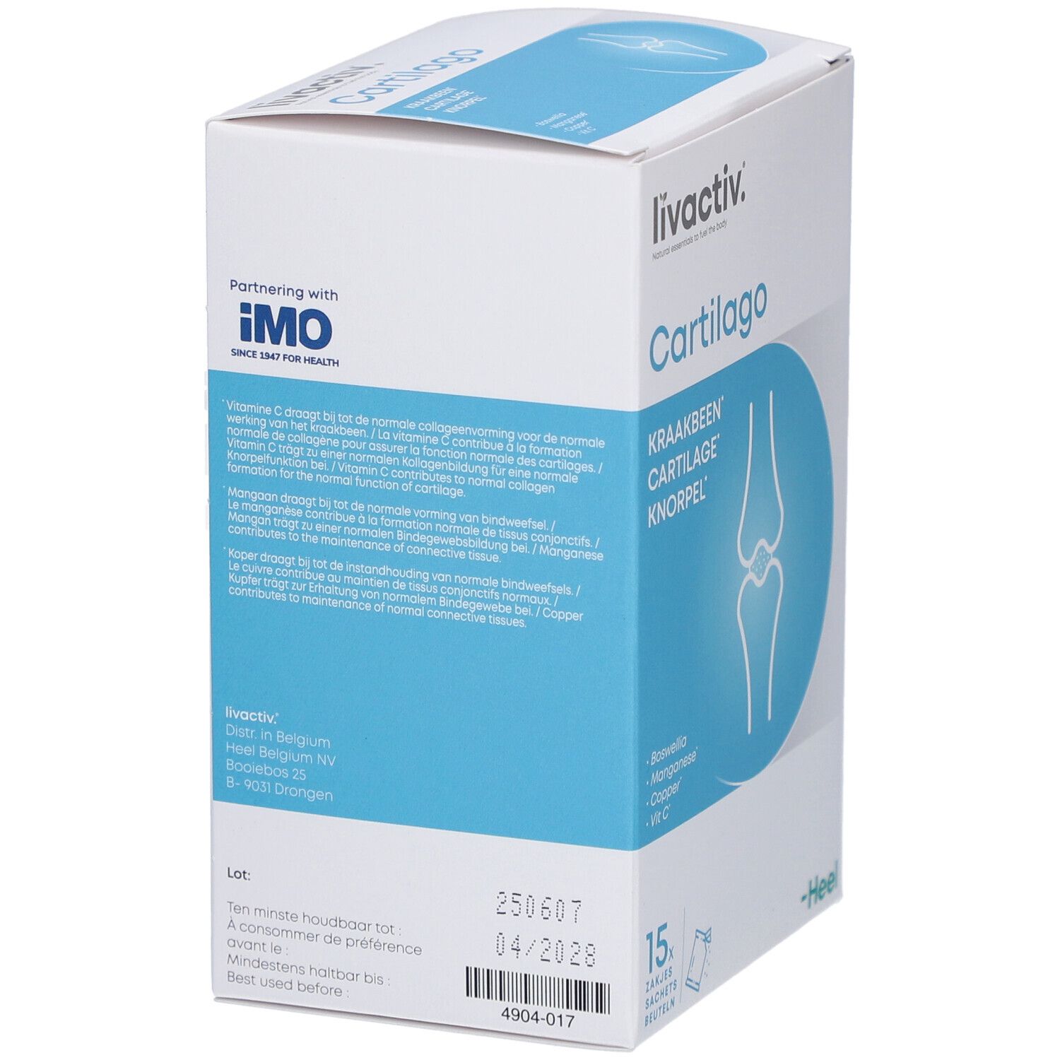 Boîte "livactiv Cartilago" avec 15 sachets. Contient des informations et le logo IMO. Date de péremption: 04/2028. Marque: Heel.