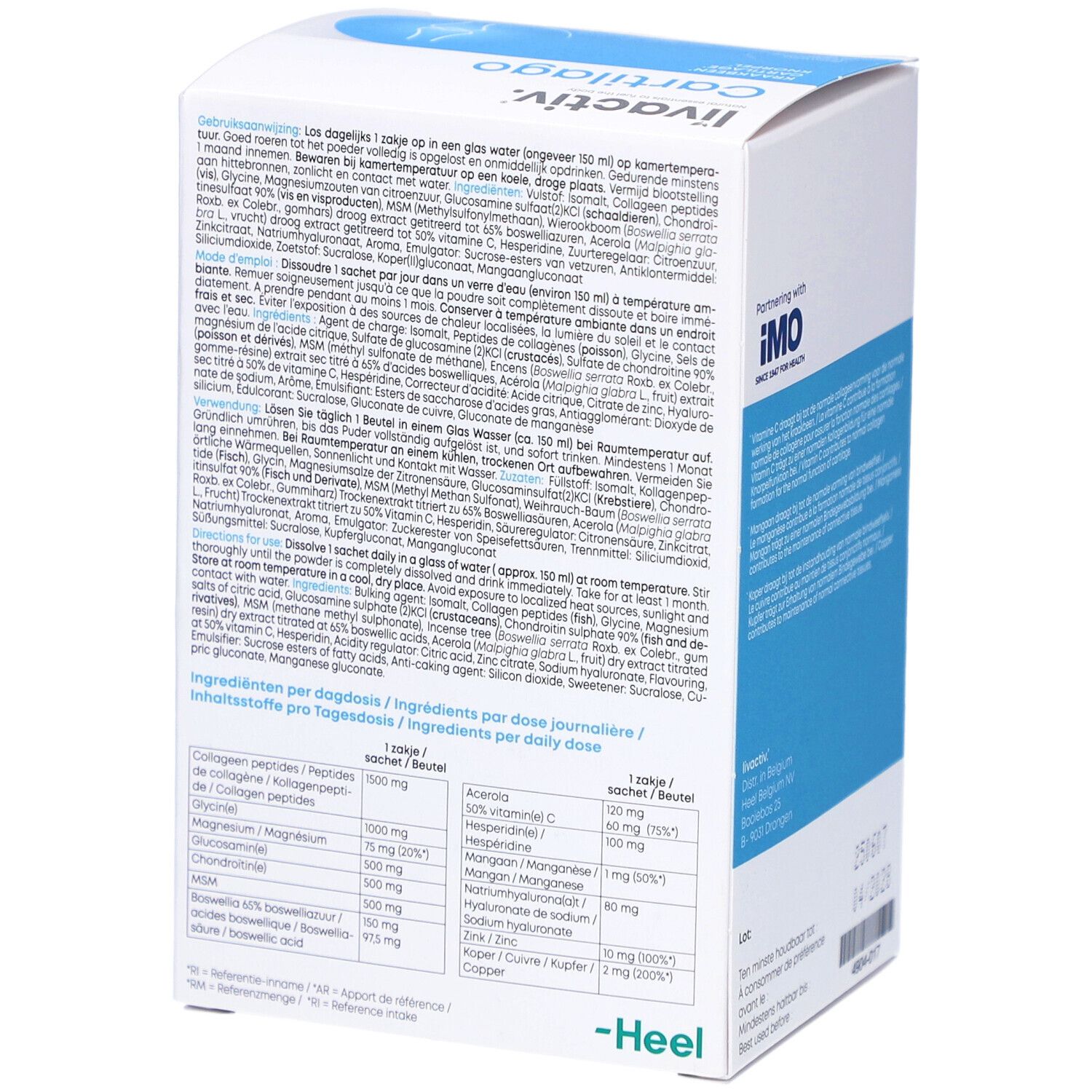 Dos de l'emballage "livactiv Cartilago". Contient des informations sur les ingrédients et le dosage. Marque: Heel.