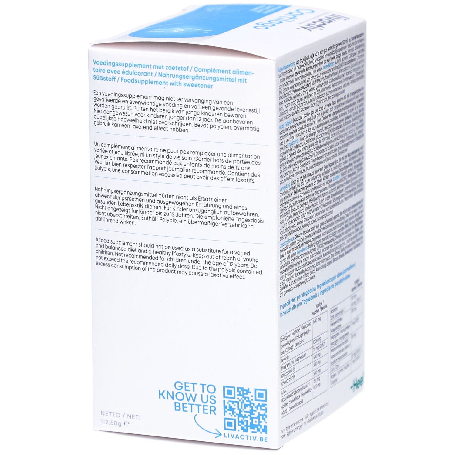 Dos de l'emballage "livactiv Cartilago". Contient des informations d'utilisation et des avertissements. Marque: Heel.