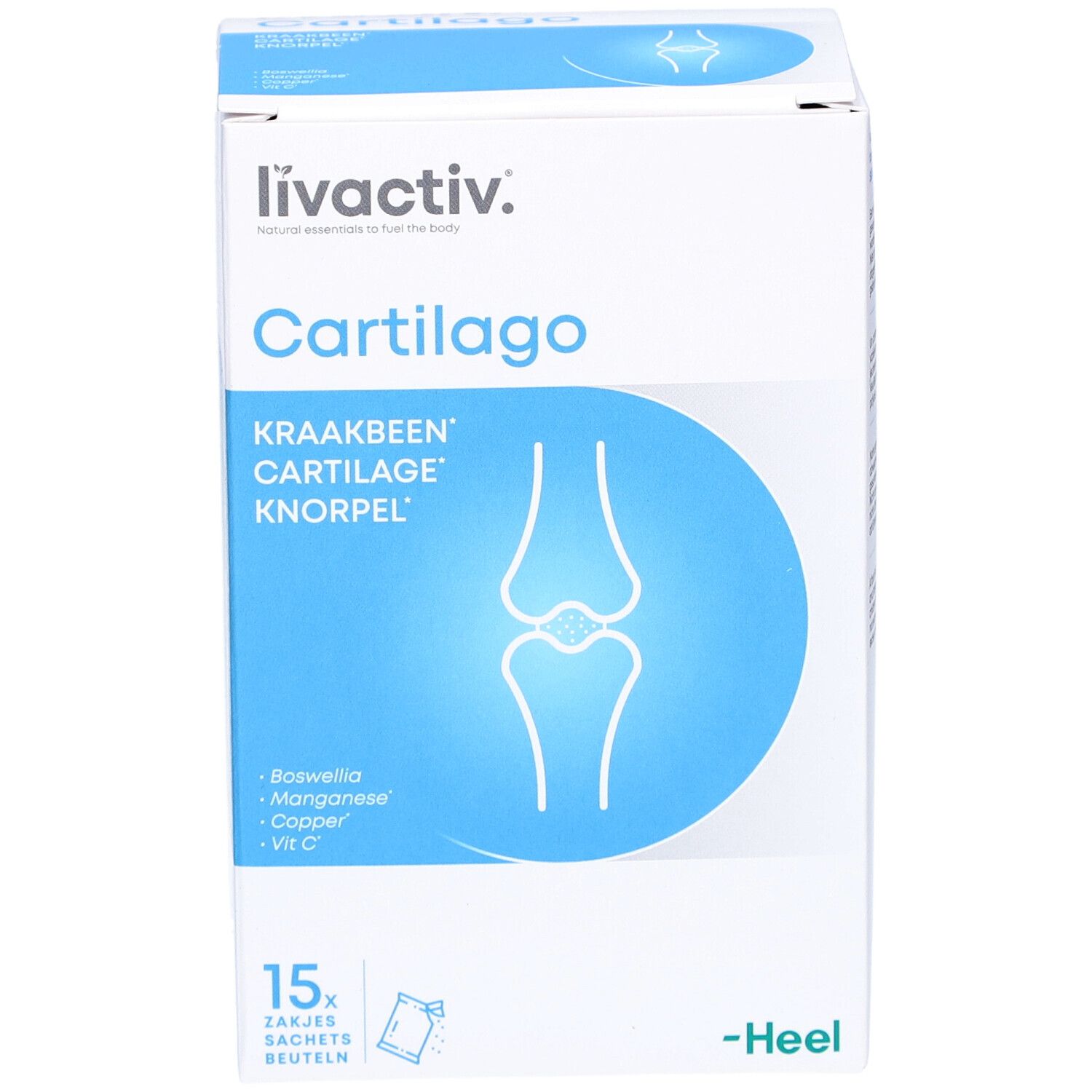 Boîte "livactiv Cartilago" avec 15 sachets. Inscription: Cartilage, Boswellia, Manganèse, Cuivre, Vit C. Marque: Heel.
