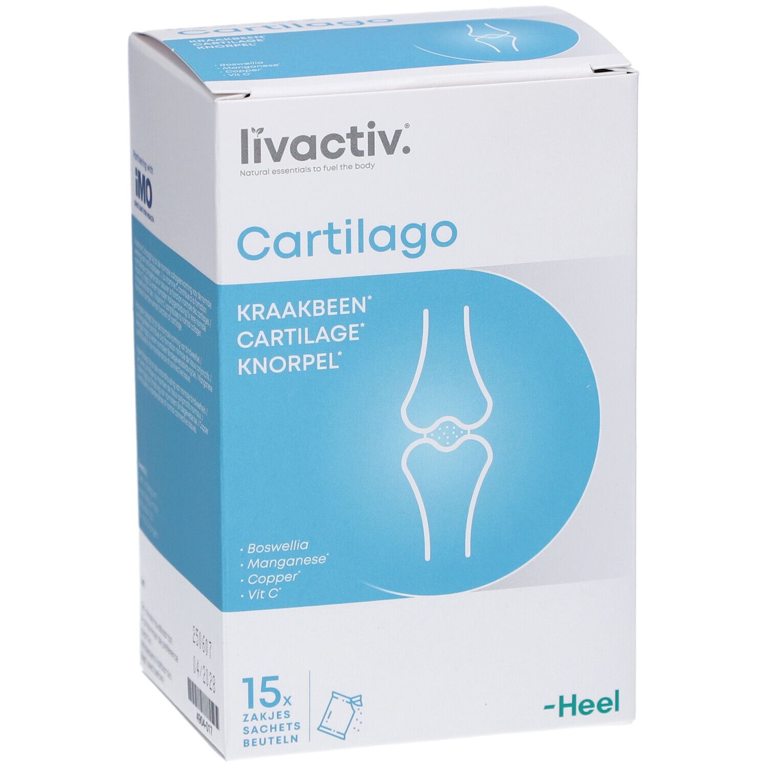 Boîte "livactiv Cartilago" avec 15 sachets. Inscription: Cartilage, Boswellia, Manganèse, Cuivre, Vit C. Marque: Heel.