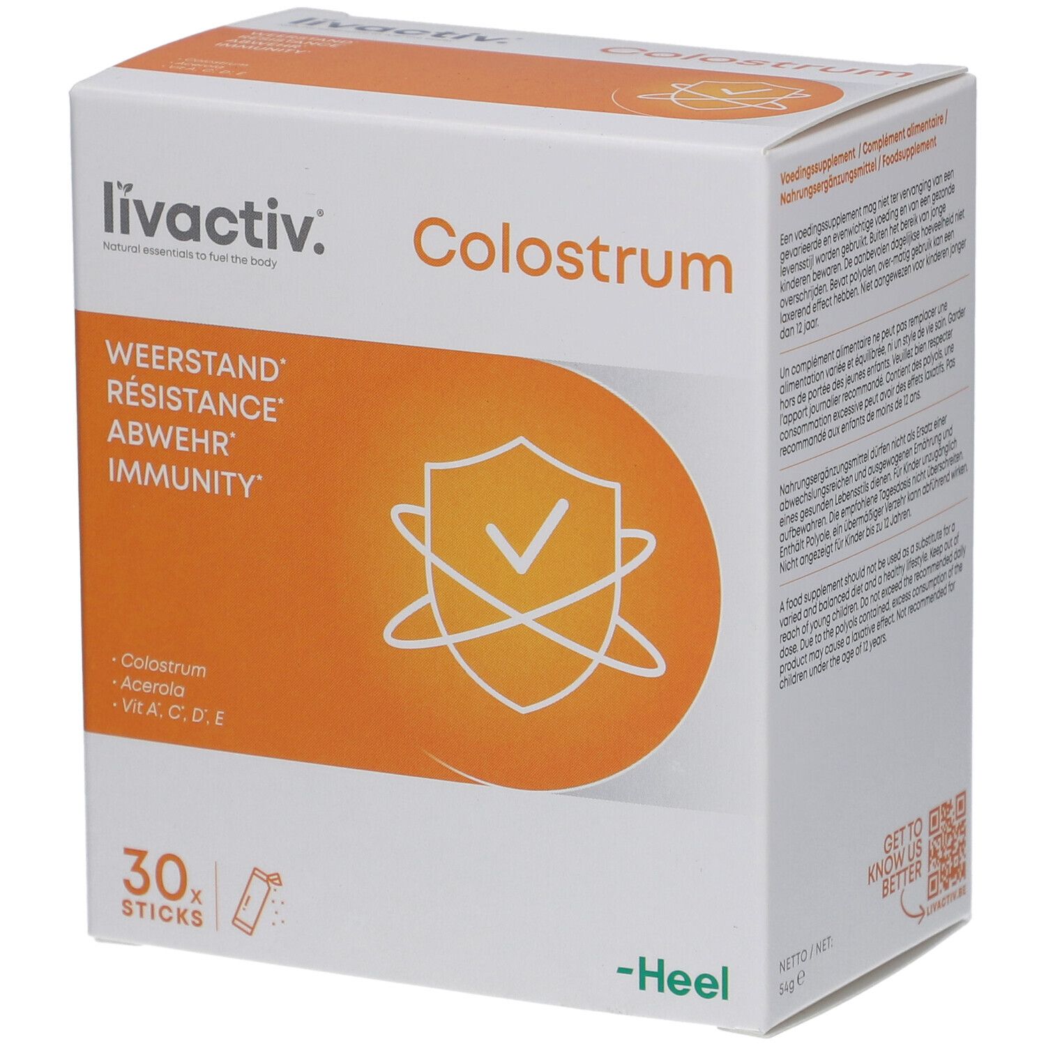 Boîte blanche et orange. Inscription : livactiv. Colostrum. 30 sticks. Logo Heel.