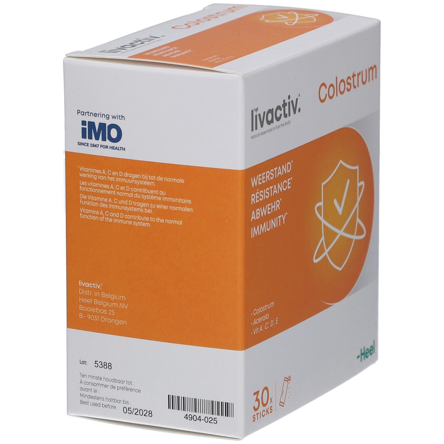 Boîte blanche, zone orange. Inscription : livactiv. Colostrum. 30 sticks. Logo Heel. Logo IMO.