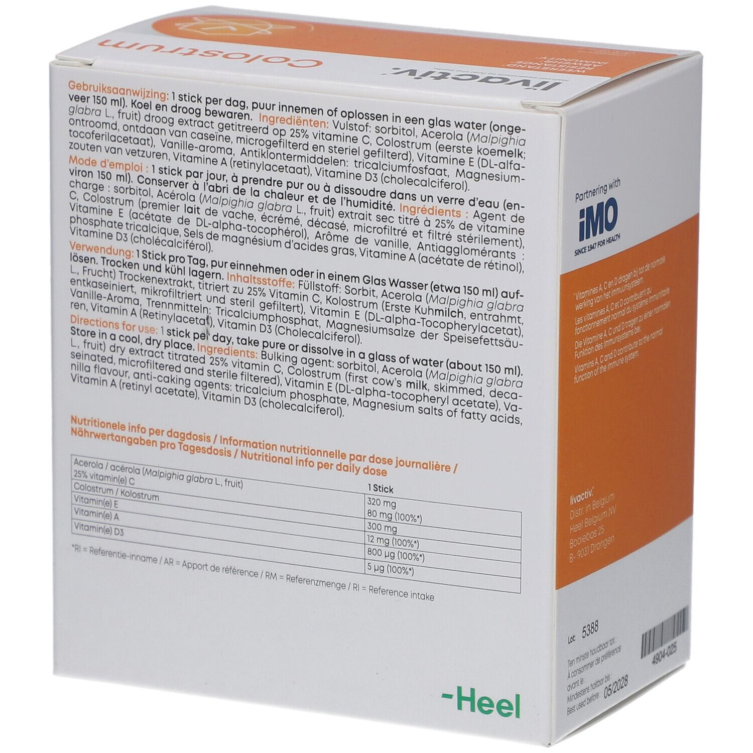 Dos de la boîte blanche. Texte multilingue. Inscription : livactiv. Logo Heel. 30 sticks.