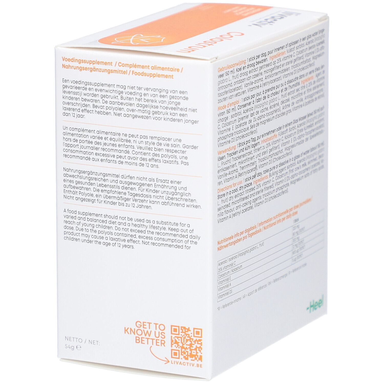 Dos de la boîte blanche. Texte multilingue. Inscription : livactiv. Logo Heel. Code QR.
