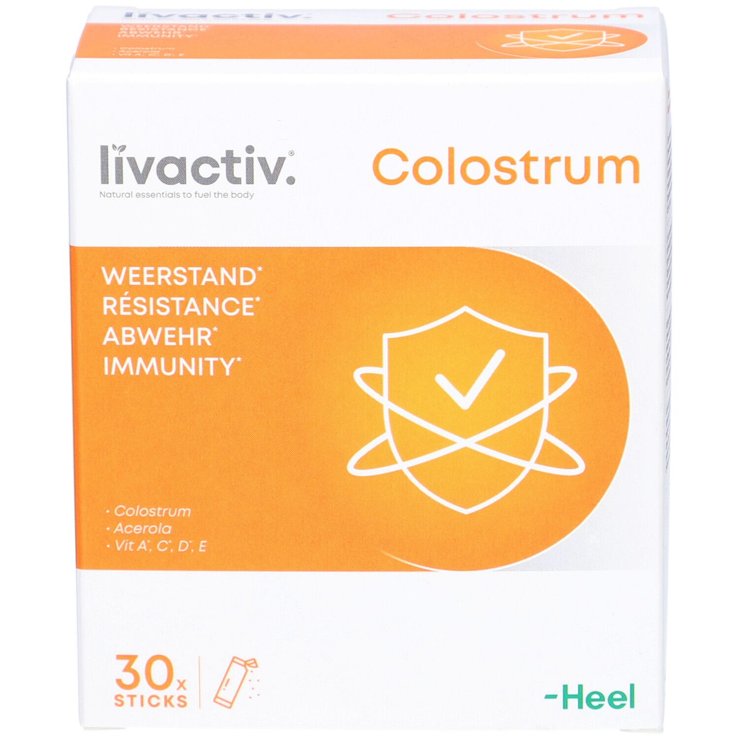 Boîte blanche et orange. Inscription : livactiv. Colostrum. 30 sticks. Logo Heel.