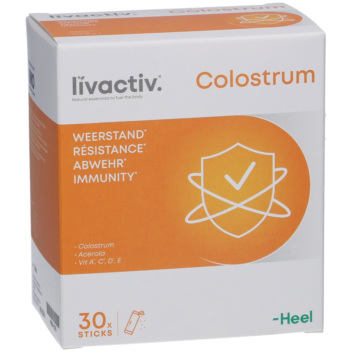 Boîte blanche et orange. Inscription : livactiv. Colostrum. 30 sticks. Logo Heel.