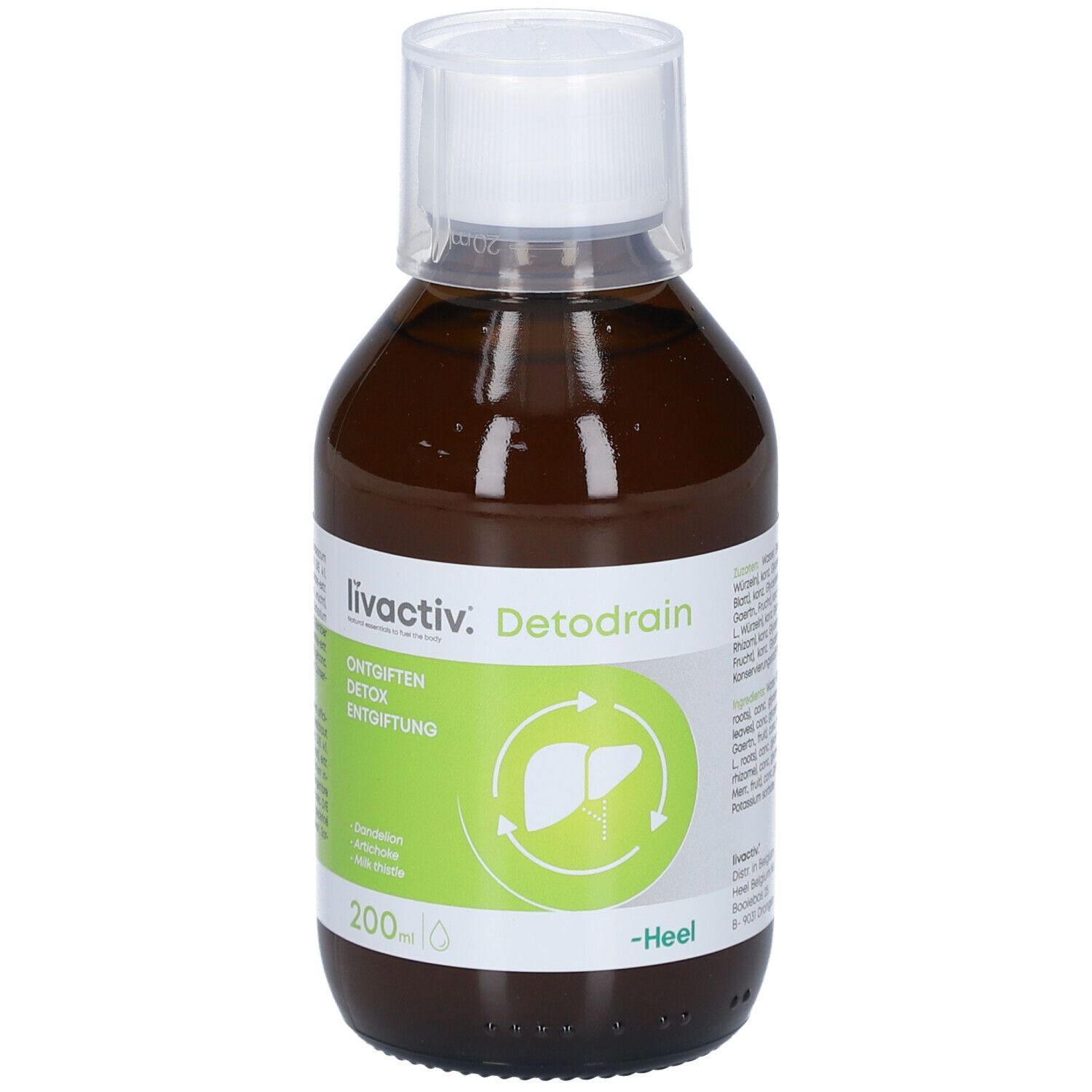 Flacon brun avec bouchon blanc. Inscription: livactiv. Detodrain. Étiquette verte et blanche avec symbole du foie. -Heel.