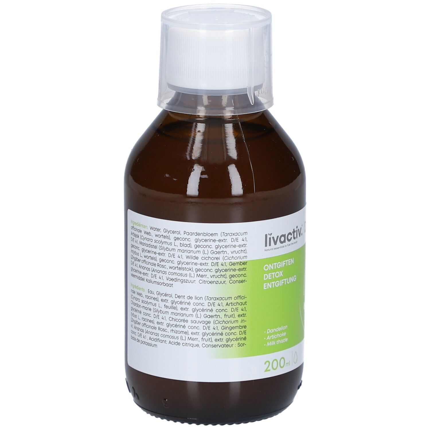 Flacon brun avec bouchon blanc. Dos avec liste des ingrédients et inscription: livactiv. Detodrain. -Heel.