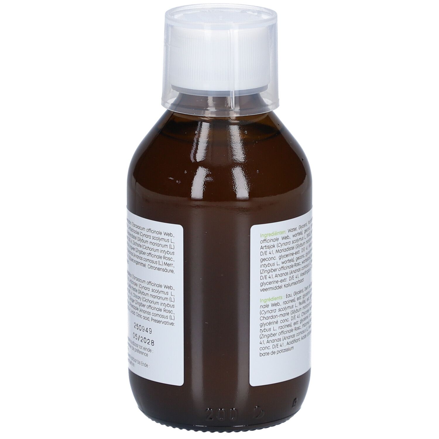 Flacon brun avec bouchon blanc. Dos avec liste des ingrédients et inscription: livactiv. Detodrain. -Heel.