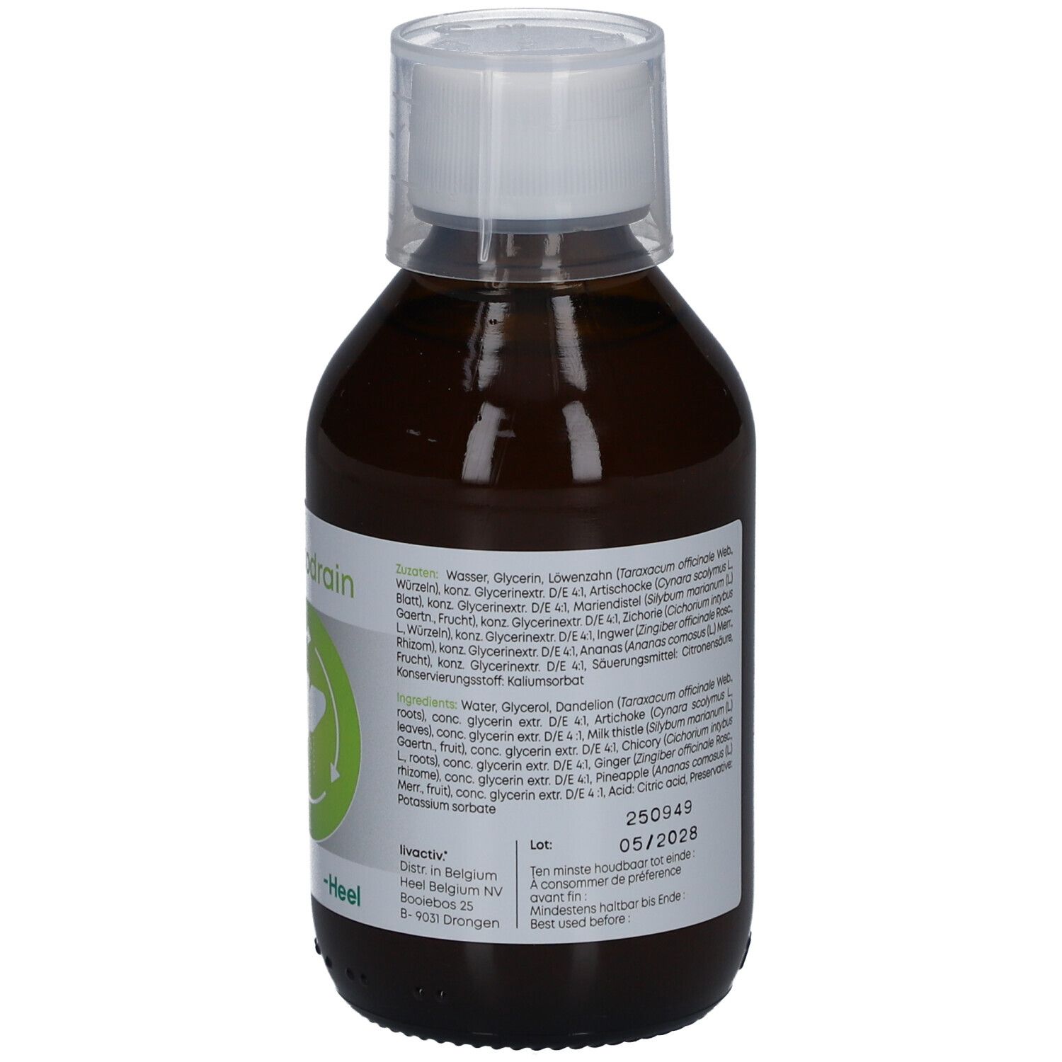 Flacon brun avec bouchon blanc. Dos avec liste des ingrédients et inscription: livactiv. Detodrain. -Heel.
