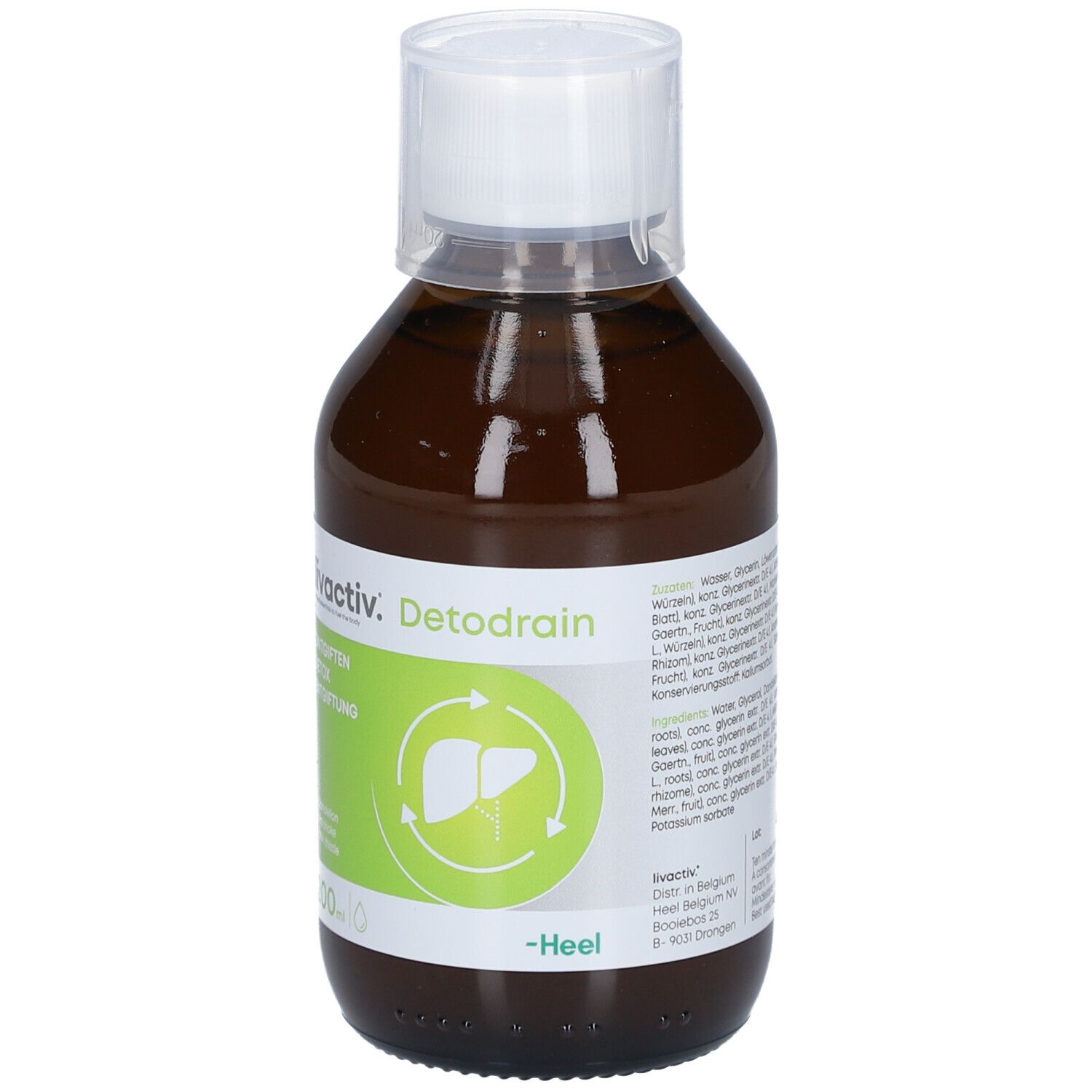 Flacon brun avec bouchon blanc. Face avant avec inscription: livactiv. Detodrain. Étiquette verte et blanche avec symbole du foie. -Heel.