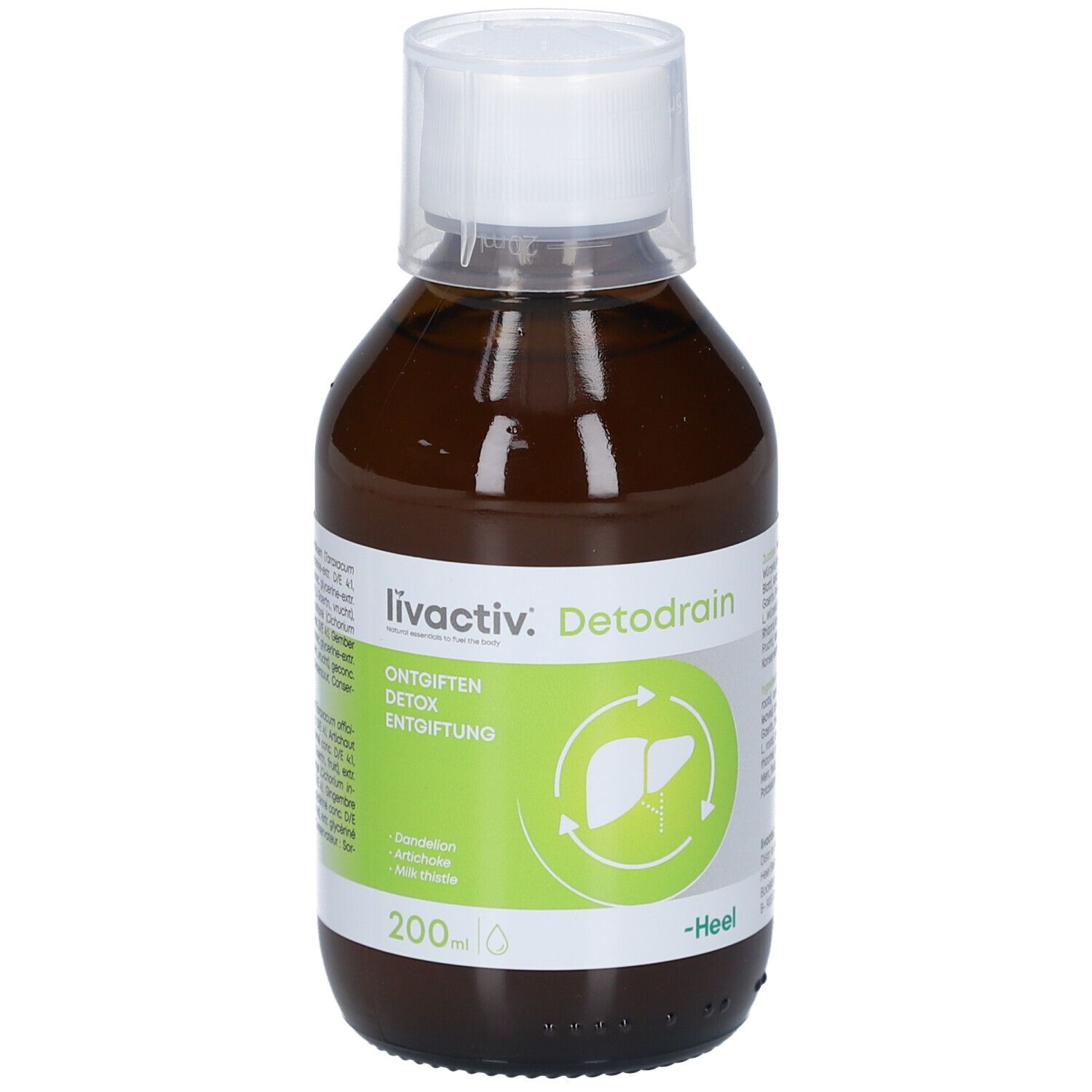Flacon brun avec bouchon blanc. Face avant avec inscription: livactiv. Detodrain. Étiquette verte et blanche avec symbole du foie. -Heel.