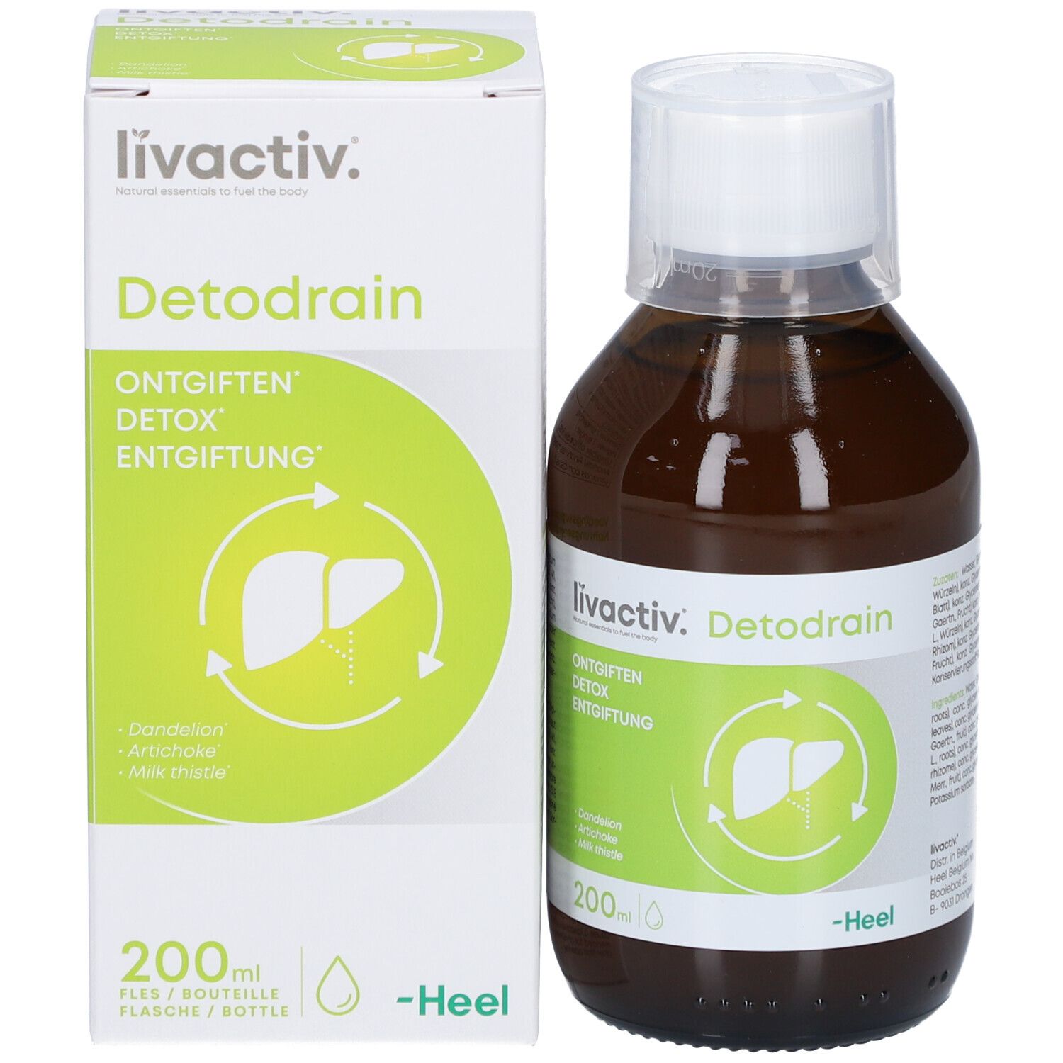 Flacon brun et emballage. Inscription: livactiv. Detodrain. Étiquette verte et blanche avec symbole du foie. -Heel.