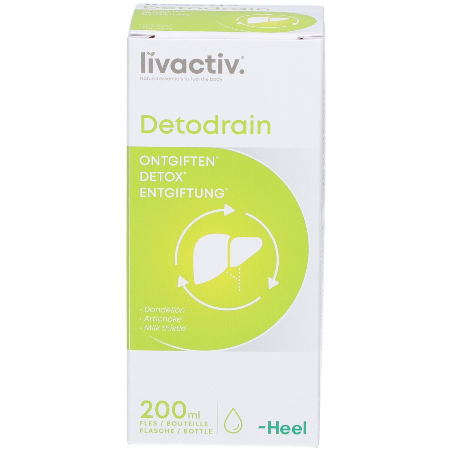 Emballage blanc avec inscription: livactiv. Detodrain. Étiquette verte et blanche avec symbole du foie. -Heel.