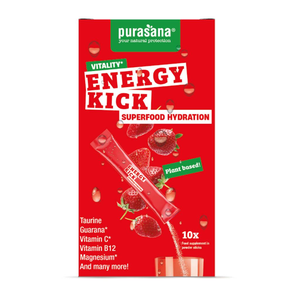 Boîte rouge avec produit. Inscription : Energy Kick, Superfood Hydration. Sachet de poudre. Fraises.