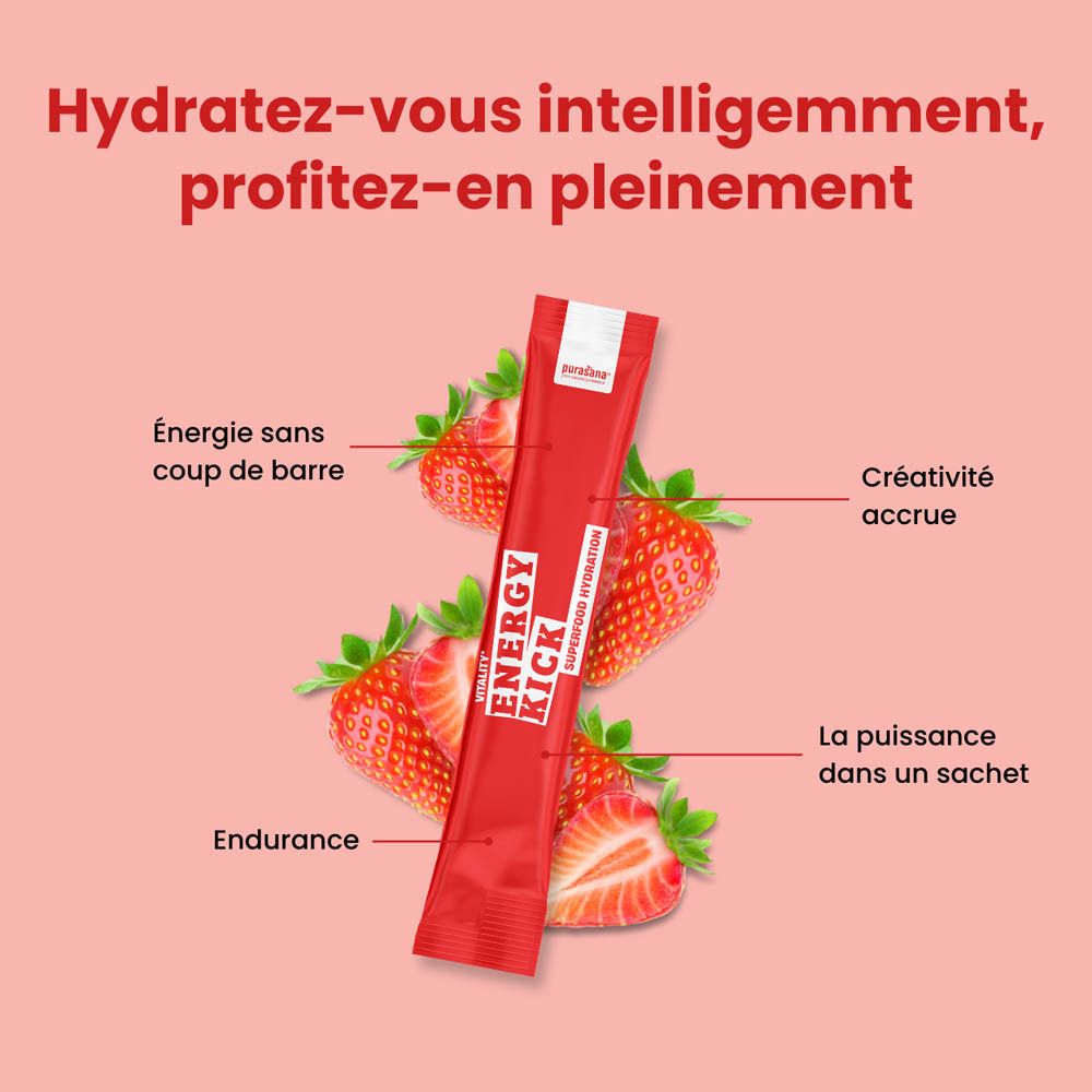 Boîte rouge avec produit. Inscription : Energy Kick, Superfood Hydration. Sachet de poudre. Fraises.