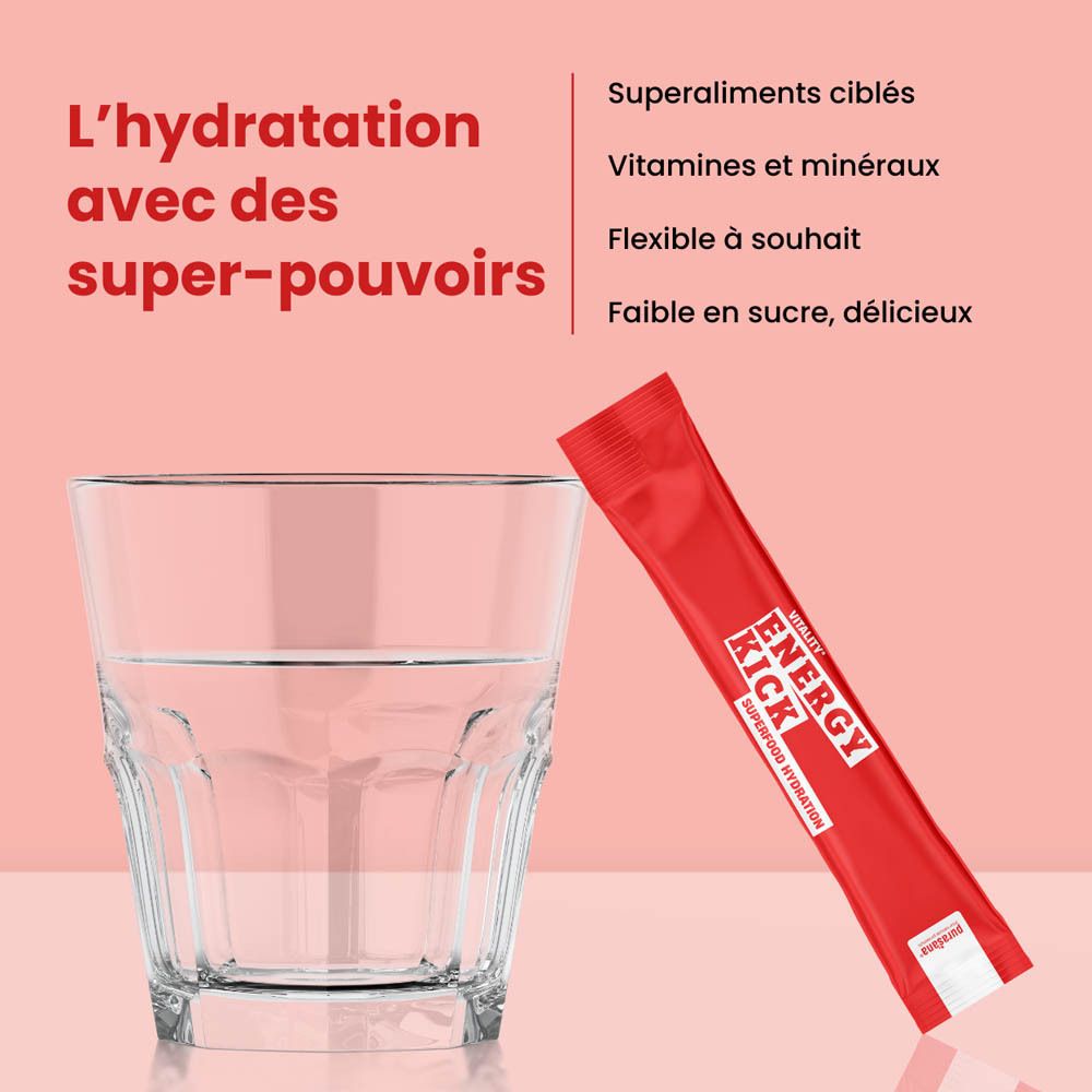 Boîte rouge avec produit. Inscription : Energy Kick, Superfood Hydration. Sachet de poudre. Fraises.