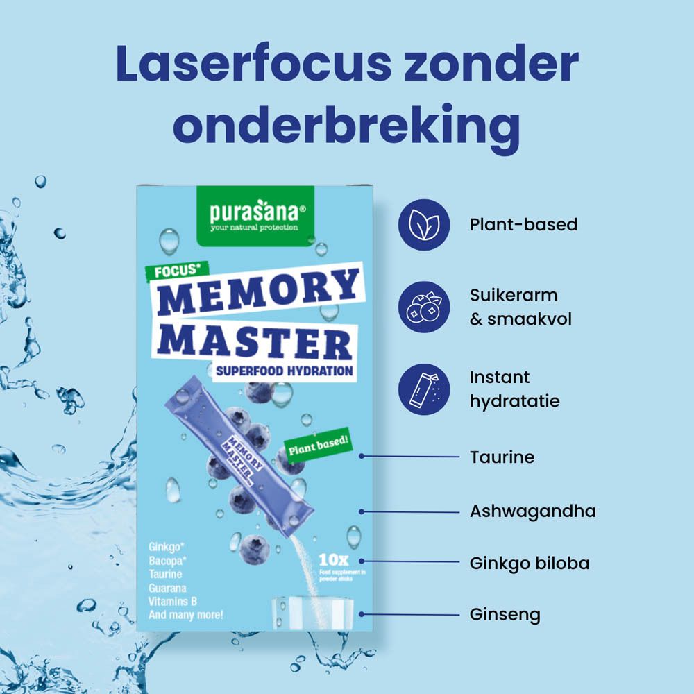 Blauw-witte doos. Opschrift "Memory Master" en "Purasana". Individuele verpakking van 10 sticks. Bosbessen.