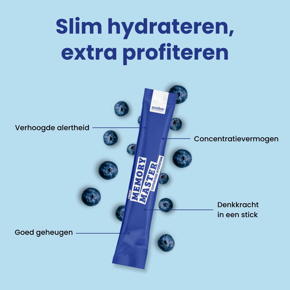 Blauw-witte doos. Opschrift "Memory Master" en "Purasana". Individuele verpakking van 10 sticks. Bosbessen.
