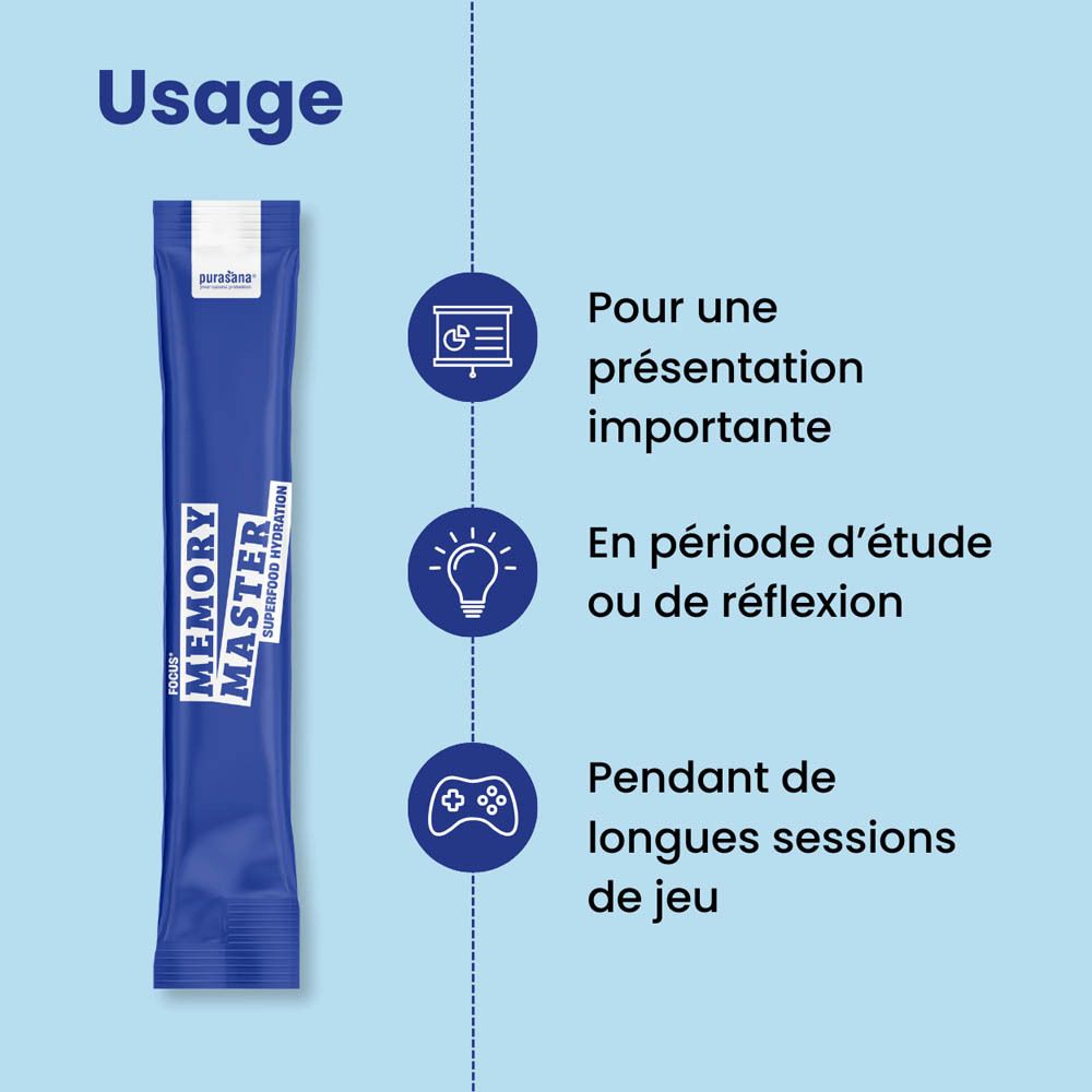 Boîte bleue et blanche. Inscription "Memory Master" et "Purasana". Emballage individuel de 10 sticks. Myrtilles.